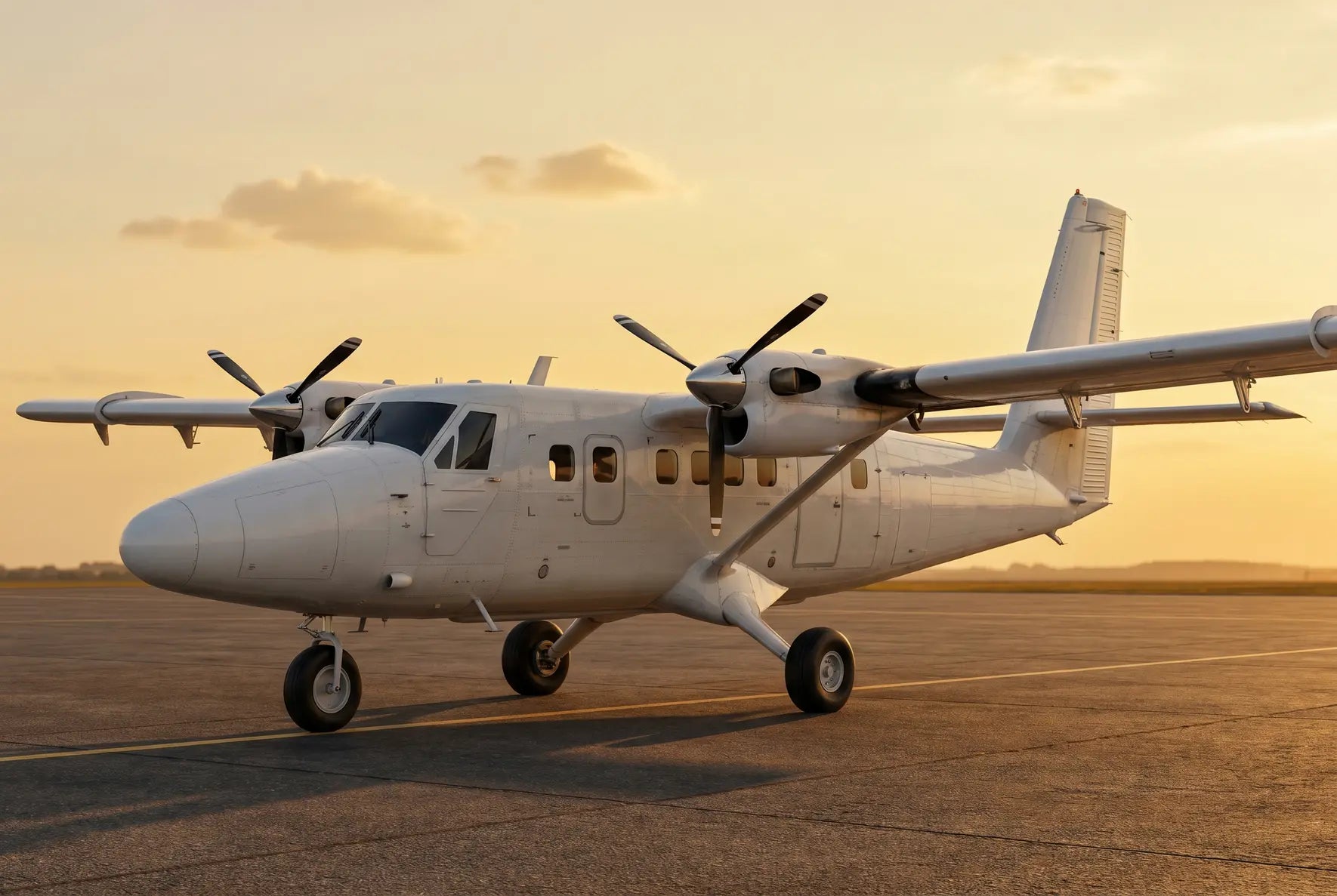 A De Havilland Canada DHC-6 Twin Otter aircraft parked on a runway during sunset, with a clear sky and a few clouds in the background.