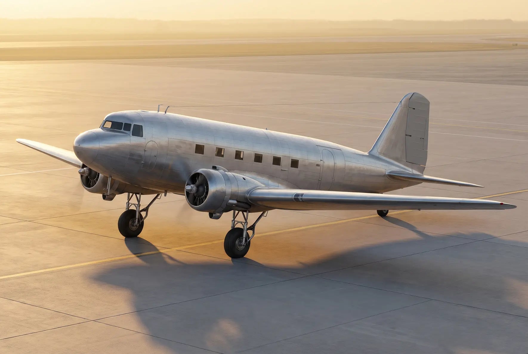 Douglas DC-2 aircraft parked on an empty tarmac at sunrise, showcasing its sleek, metallic body and vintage design with twin propeller engines.
