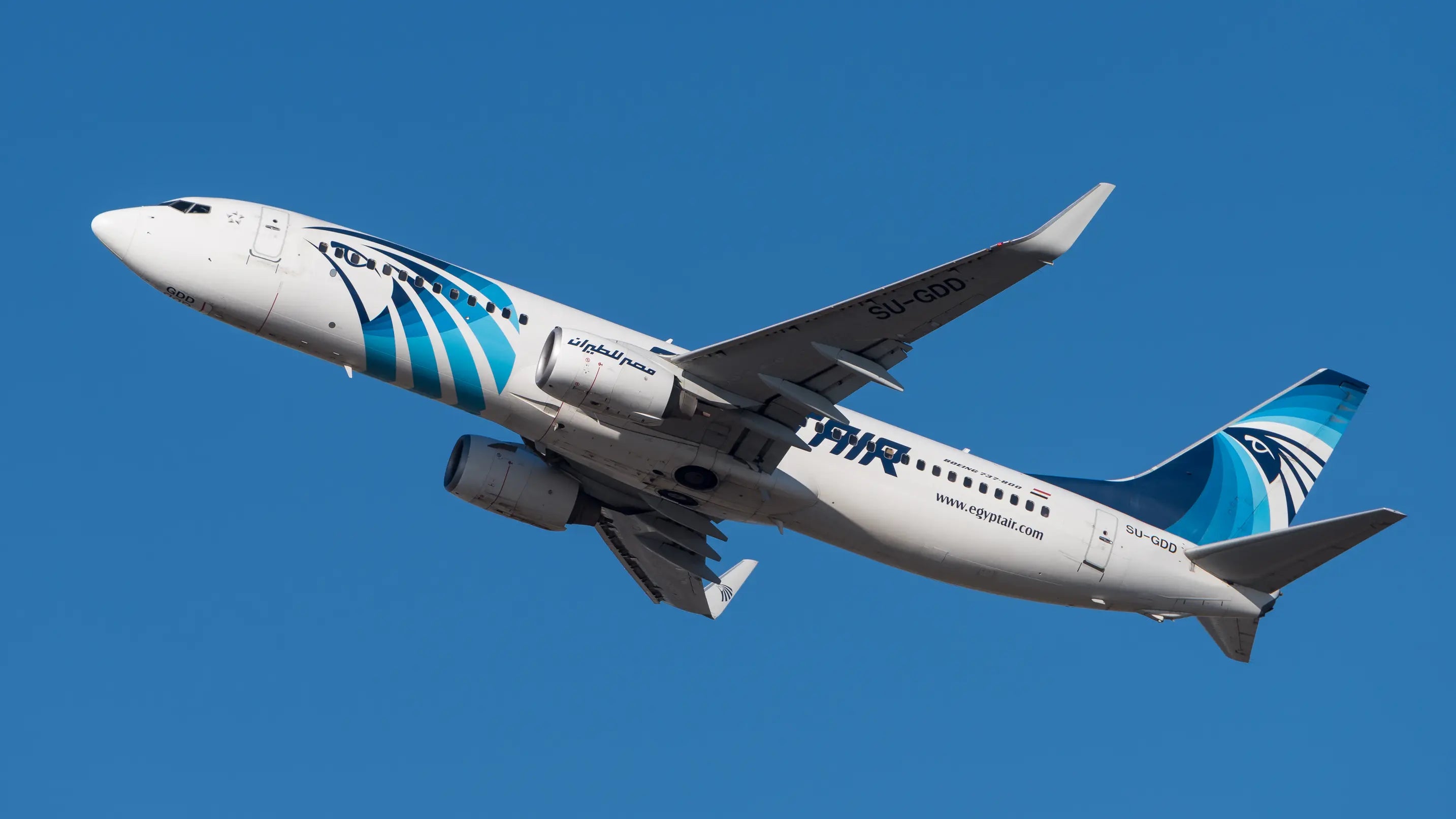 Boeing 737-866 aircraft in EgyptAir livery taking off with a clear blue sky background.