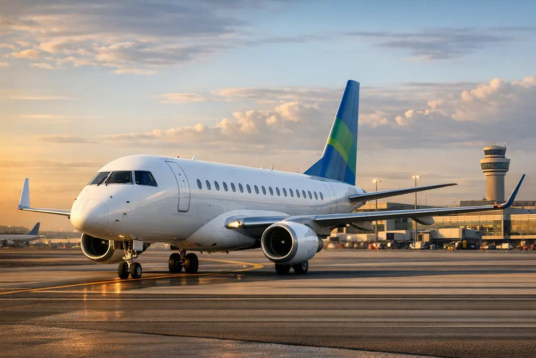 An Embraer E175 regional jet taxiing on a runway at sunset near an airport terminal and control tower.