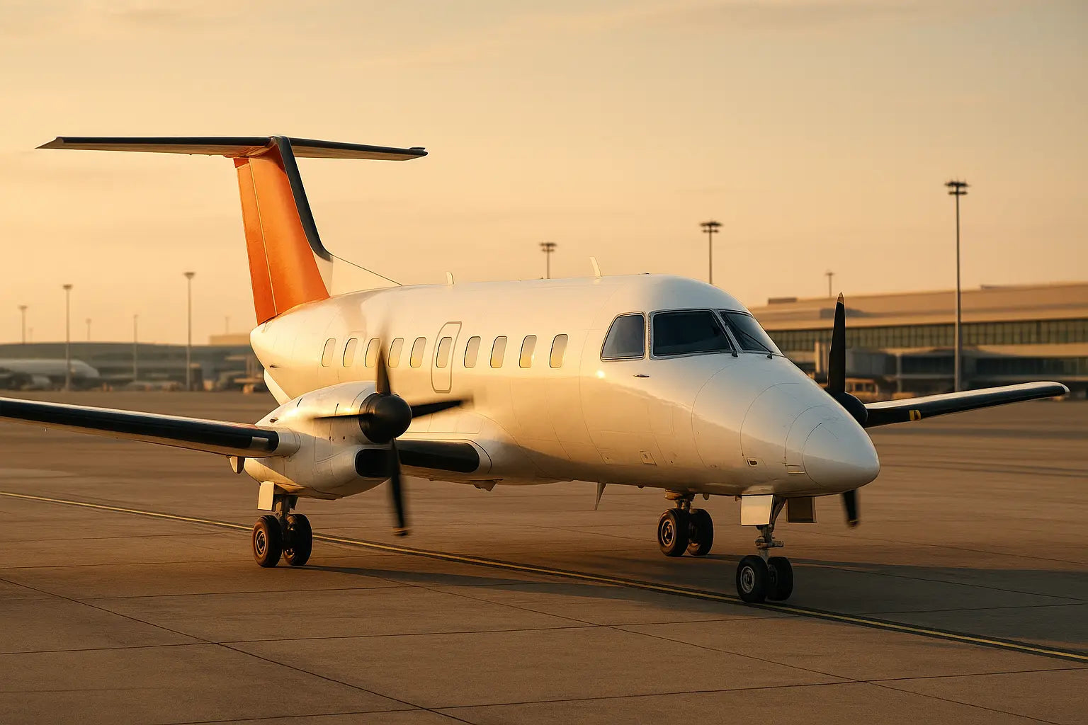 An Embraer EMB 120 Brasilia twin-turboprop regional aircraft parked on the tarmac at sunset, with terminal buildings in the background.