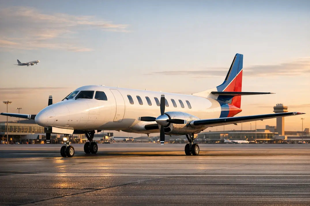 A Fairchild Swearingen Metro II turboprop aircraft parked on the airport tarmac at sunrise, with a control tower and a jet taking off in the background.