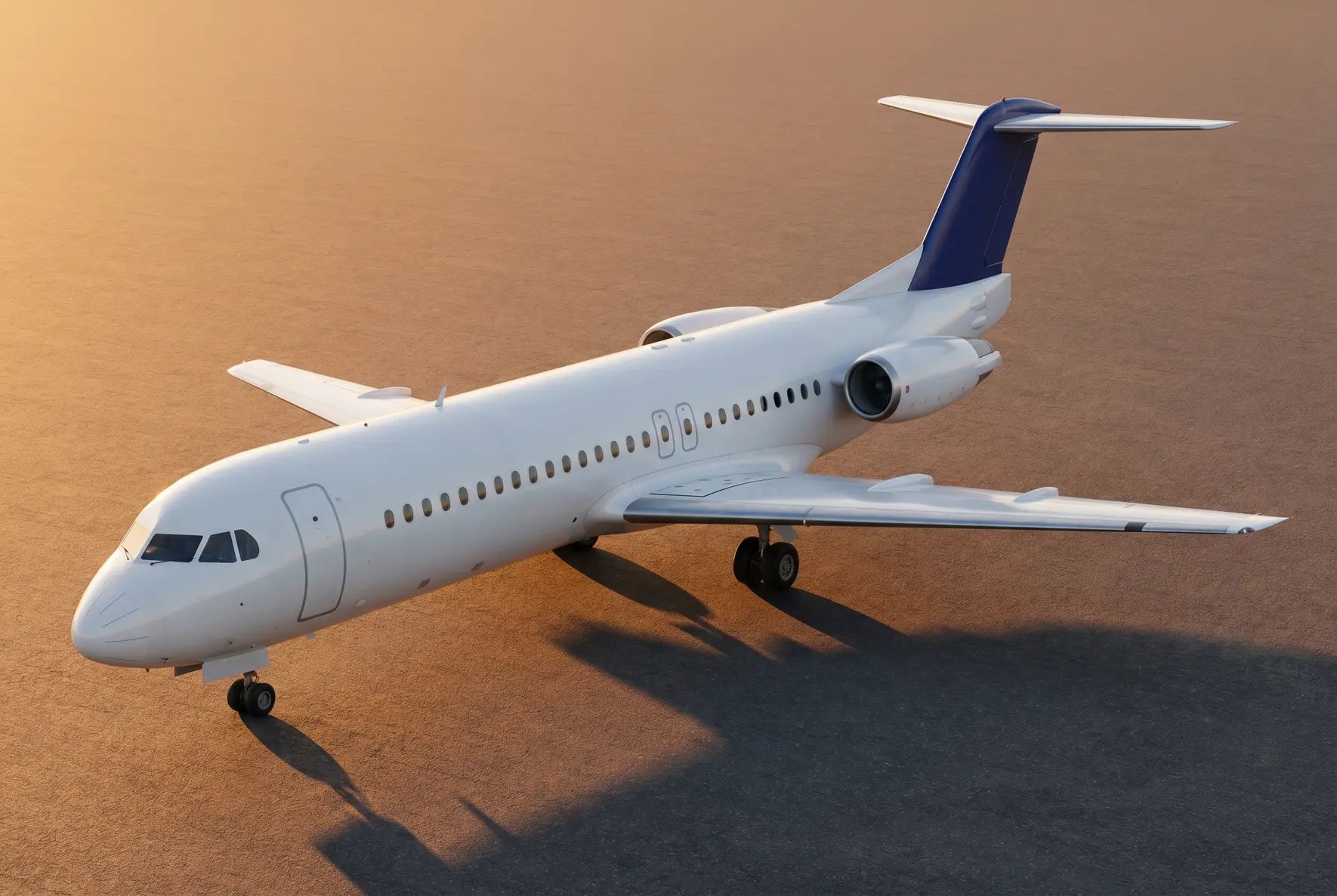 Fokker 100 aircraft parked on tarmac in sunlight, featuring white fuselage and blue tail fin, viewed from an elevated angle.