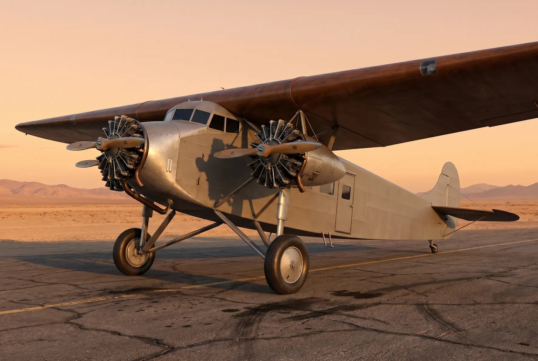 Vintage Fokker F.VII airplane with twin engines, parked on an airfield at sunset, featuring its distinct high-wing monoplane design.