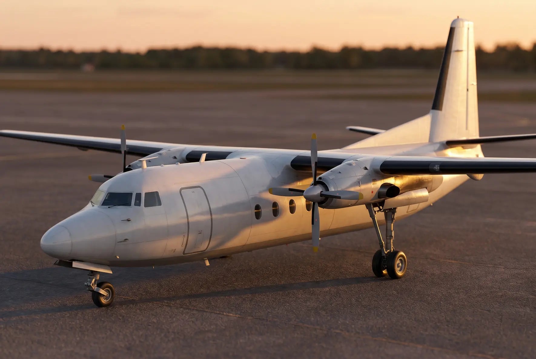 Fokker F27-600 aircraft parked on a runway at sunset, showing its twin turboprop engines and sleek fuselage with a warm glow from the setting sun.