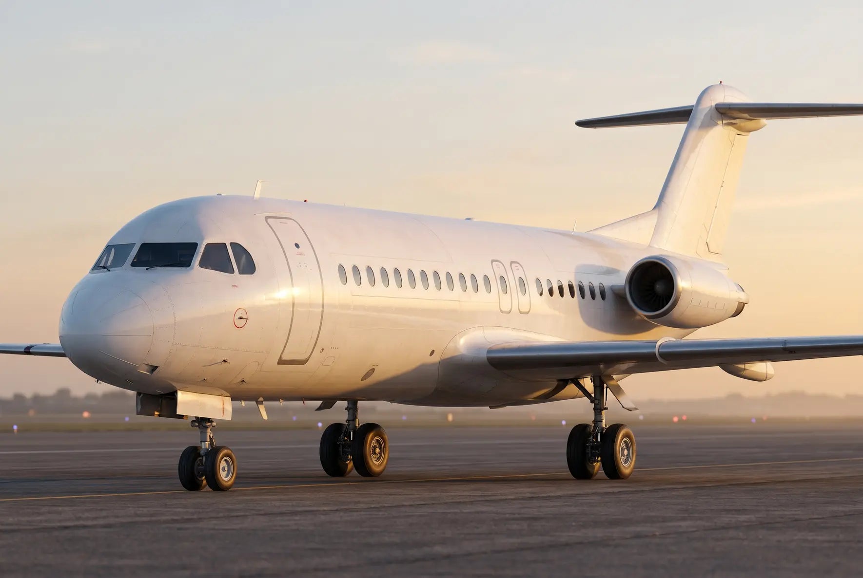 Side view of a stationary Fokker F28-2000 jet on a runway at sunrise, showcasing its engines and fuselage against the morning sky.