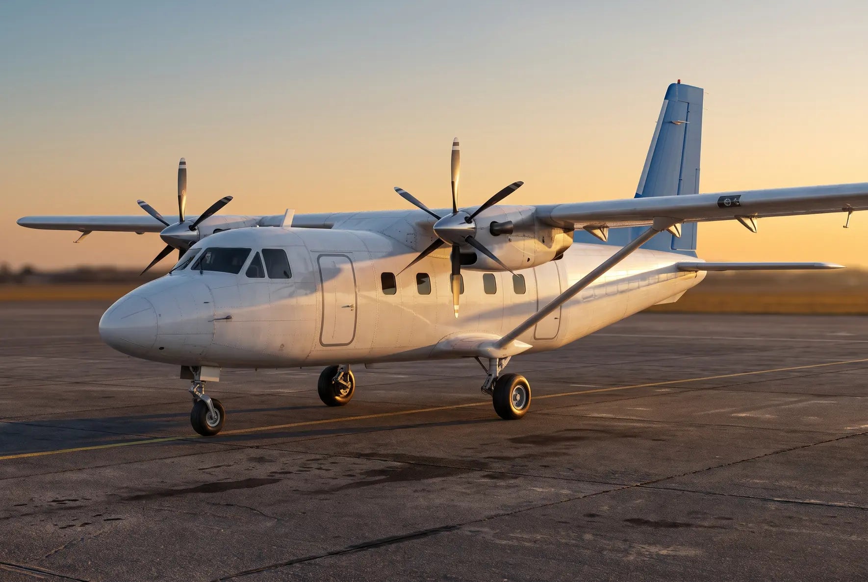 A white Harbin Y-12 twin-engine turboprop aircraft parked on an airport tarmac during sunset, with visible propellers and landing gear.