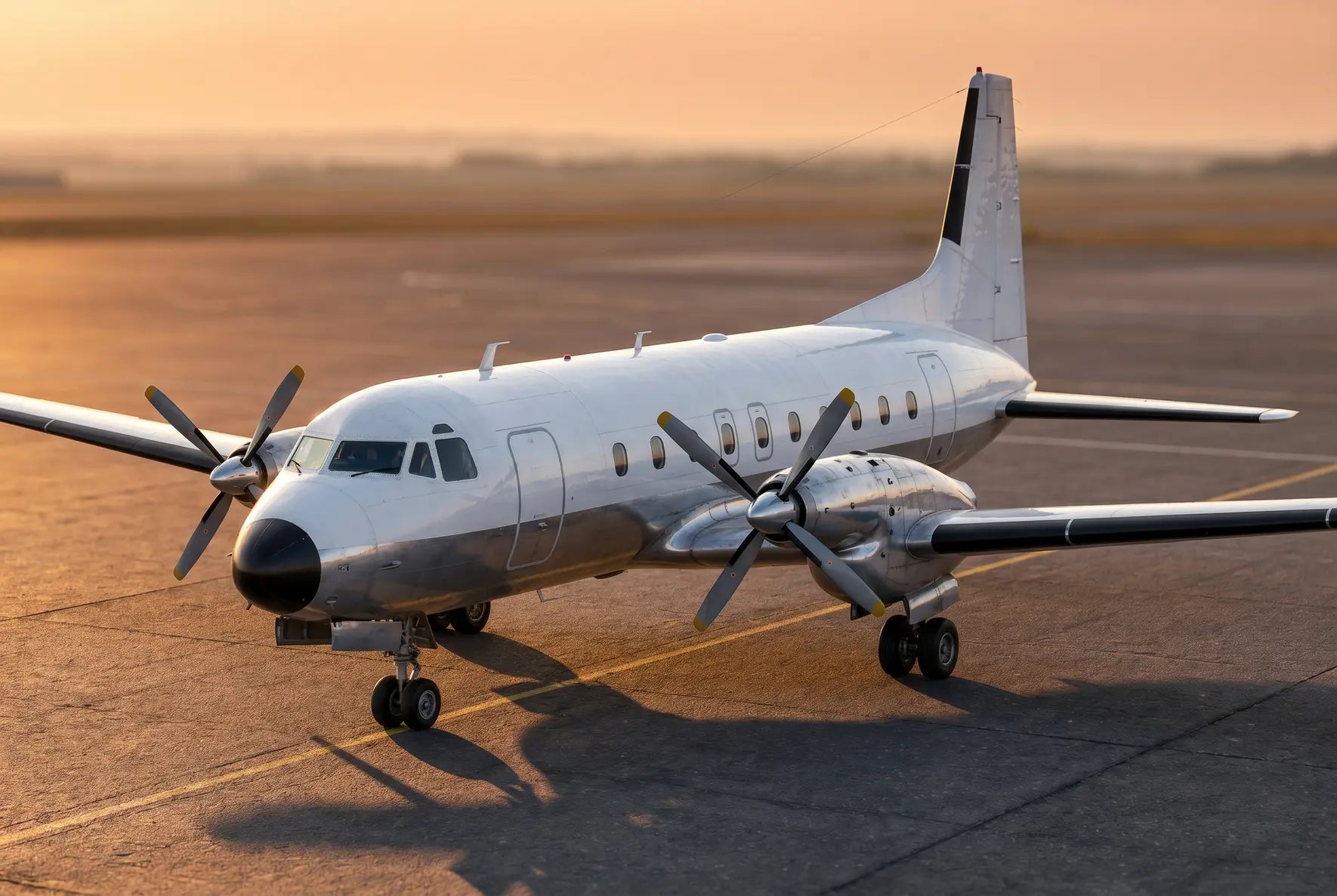 Hawker Siddeley HS 748 aircraft on an airport tarmac at sunset, with twin propellers and sleek fuselage, highlighting its classic design.