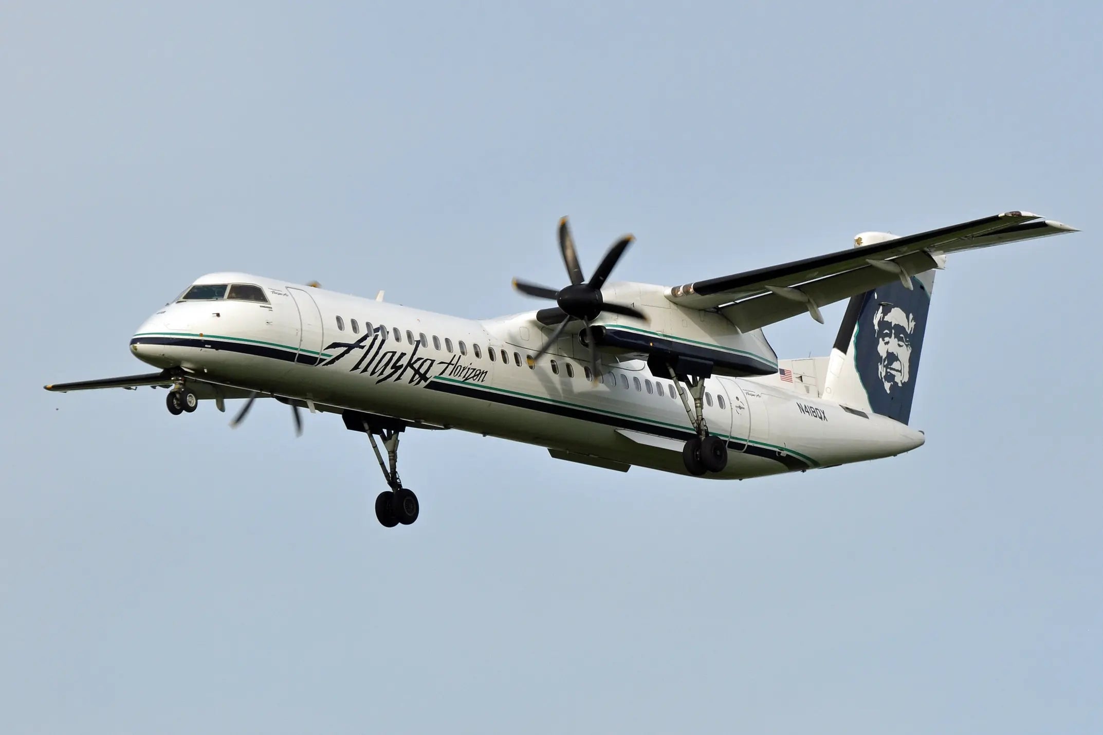 Horizon Air De Havilland Canada DHC-8-402Q Dash 8 aircraft in flight, featuring Alaska Airlines branding and logo on the tail, landing gear extended.