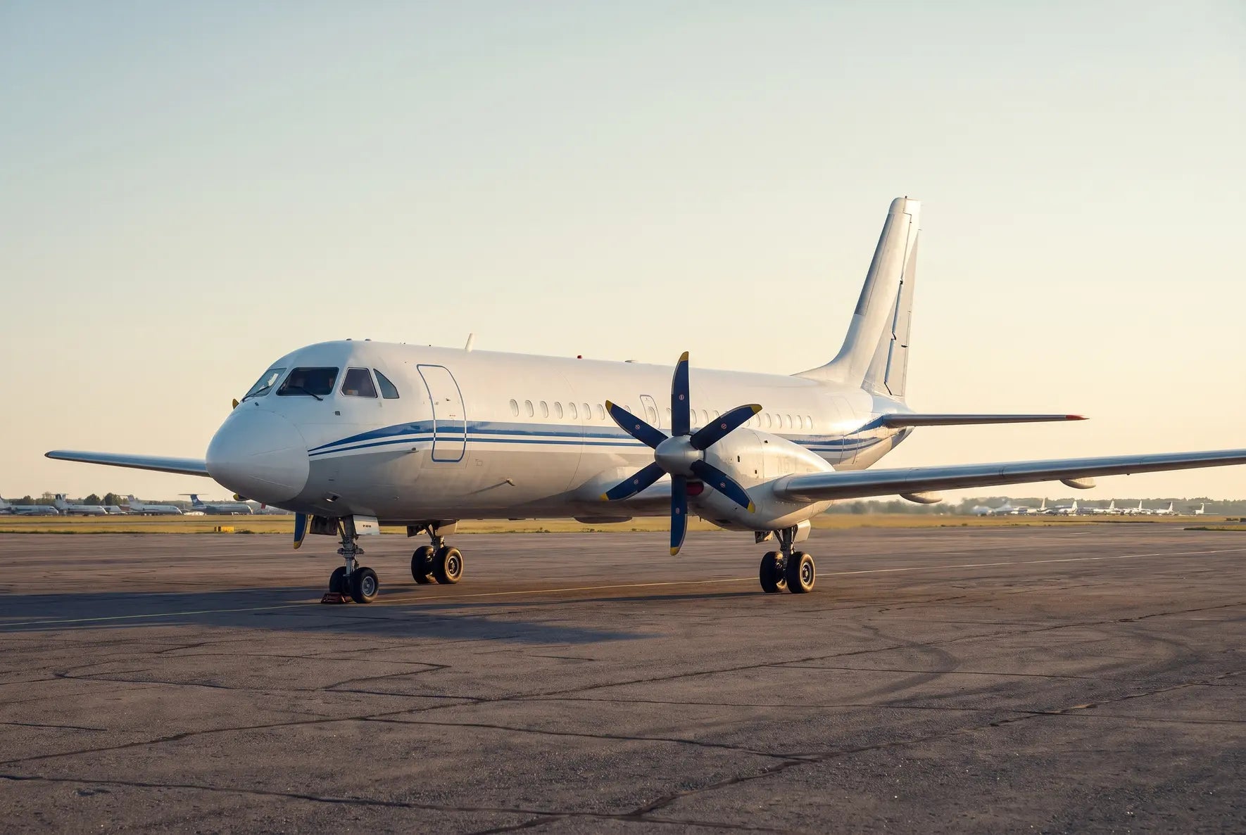 Ilyushin Il-114 twin-engine turboprop aircraft on a runway, viewed from the front left side during daytime.