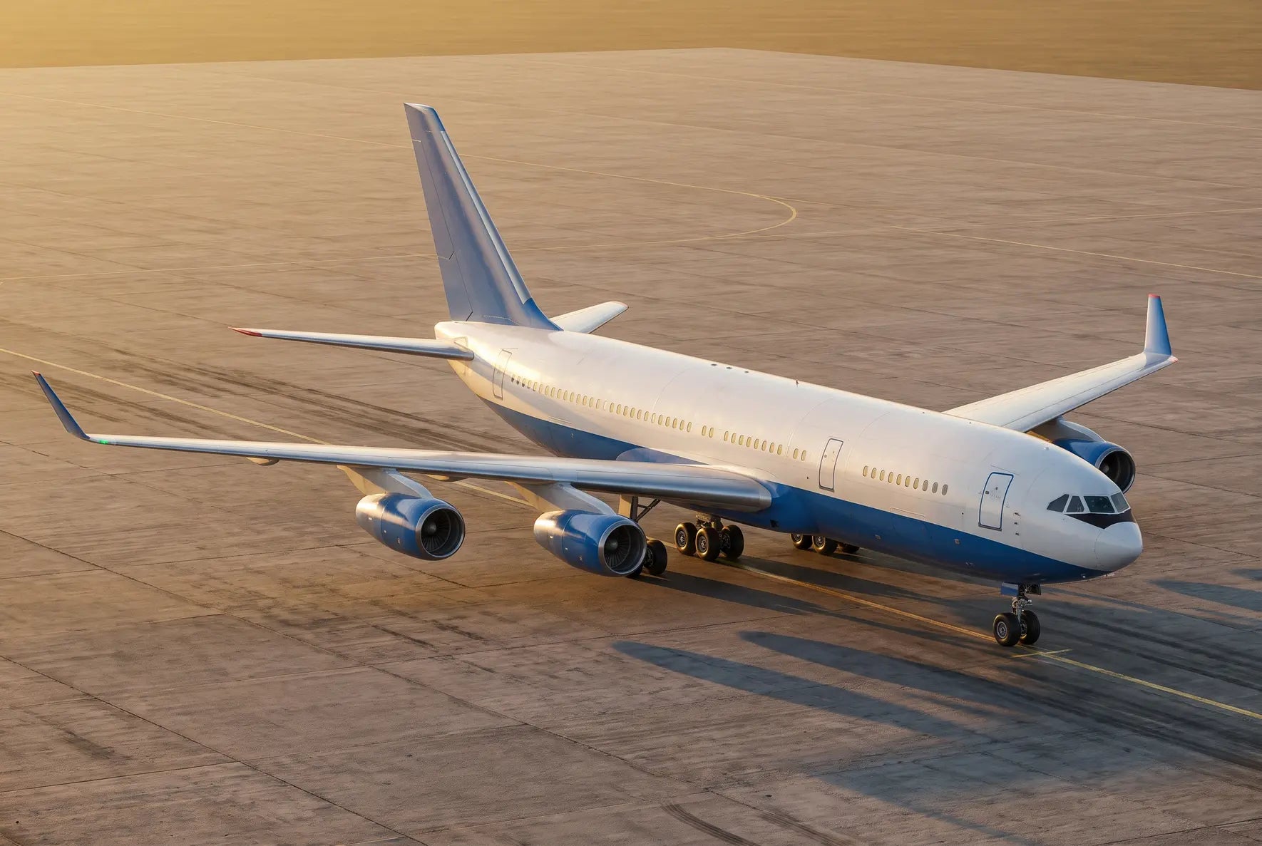 An Ilyushin Il-96-400 aircraft on a wide, empty tarmac, viewed from an elevated angle during golden hour.