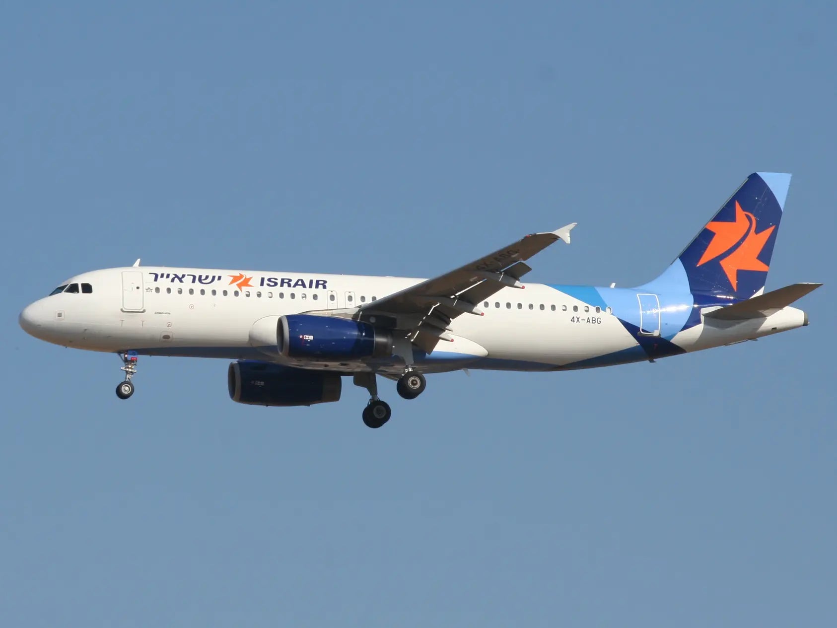 Israir Airbus A320 airplane with registration 4X-ABG preparing to land against clear blue sky.