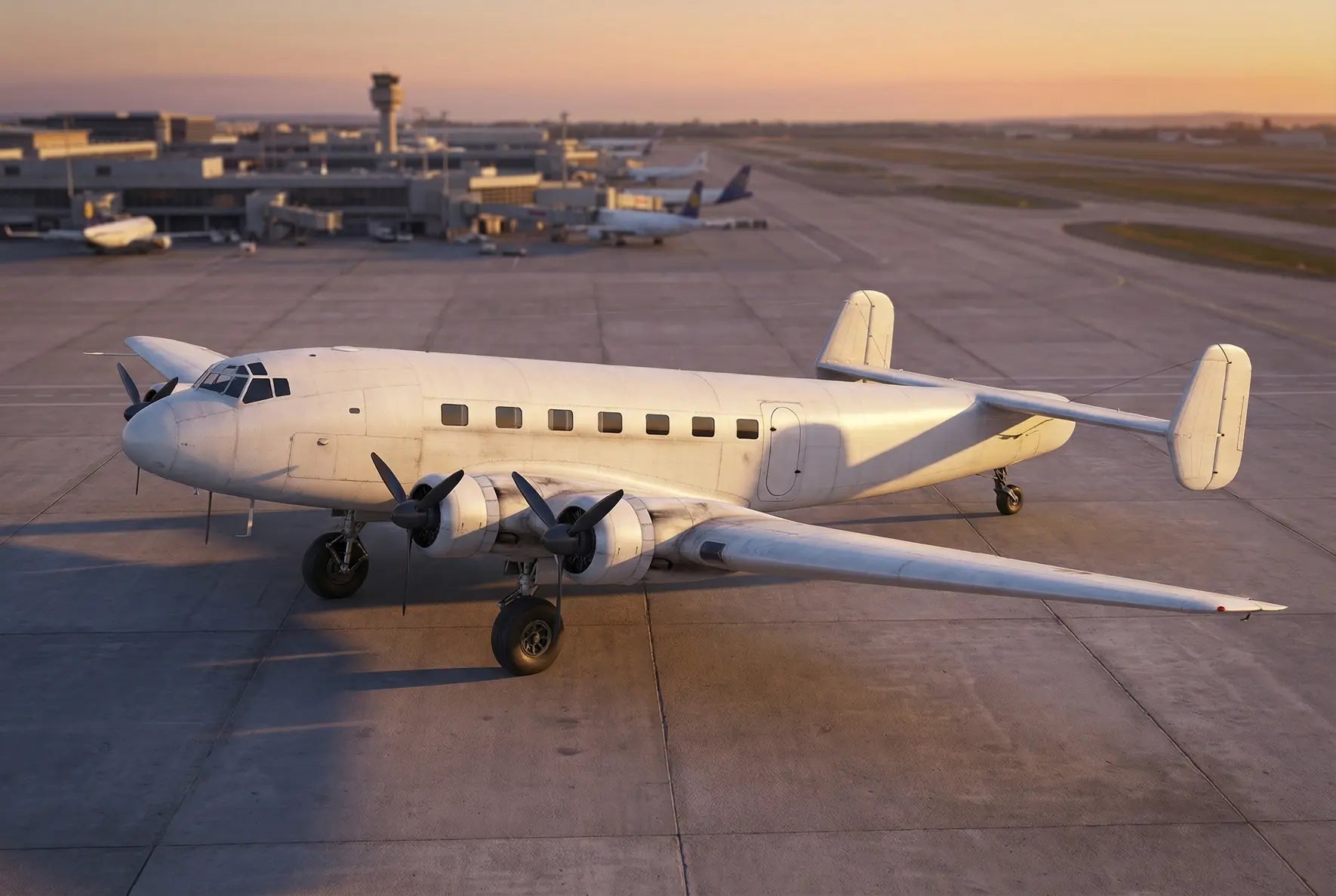 A Junkers Ju 90 aircraft parked on an airport tarmac at sunset, with a control tower and terminal in the background.