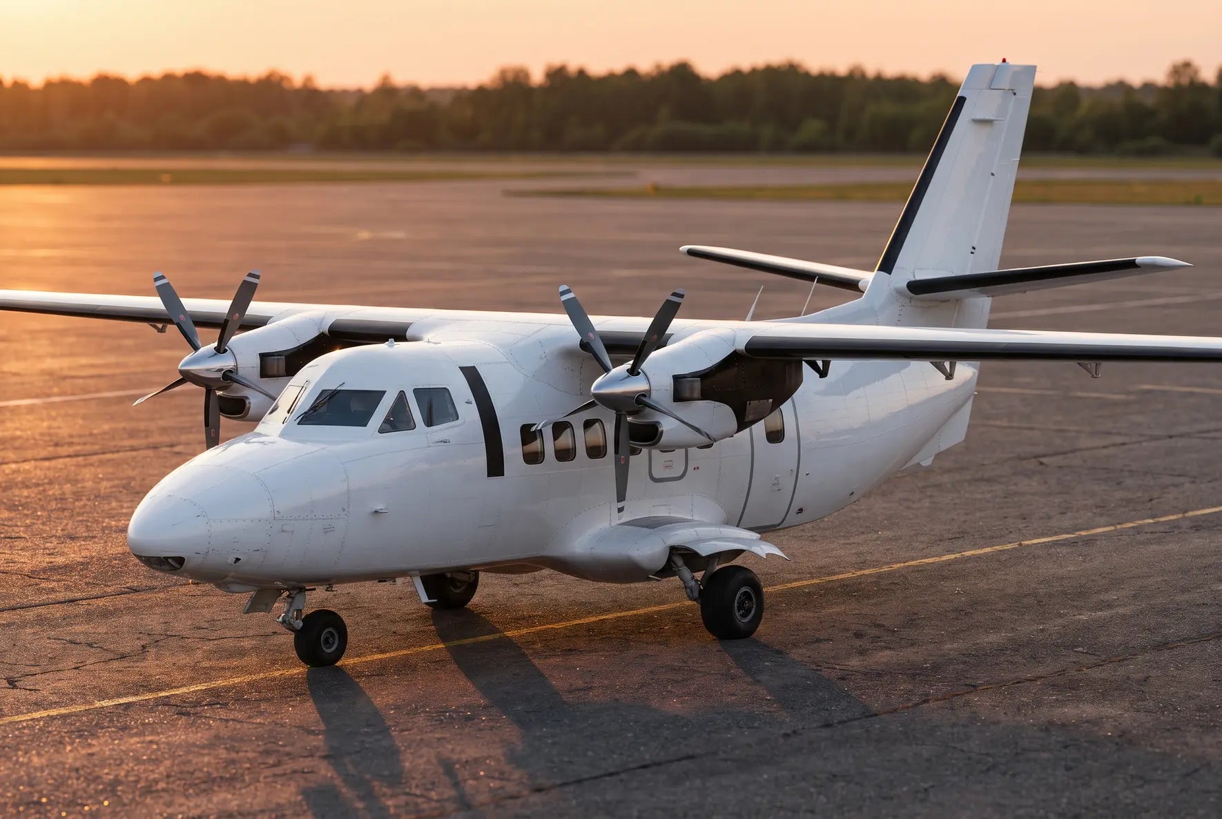 A white Let L-410 turboprop aircraft parked on a runway at sunset, with twin propellers and a high-wing design, surrounded by a forested background.
