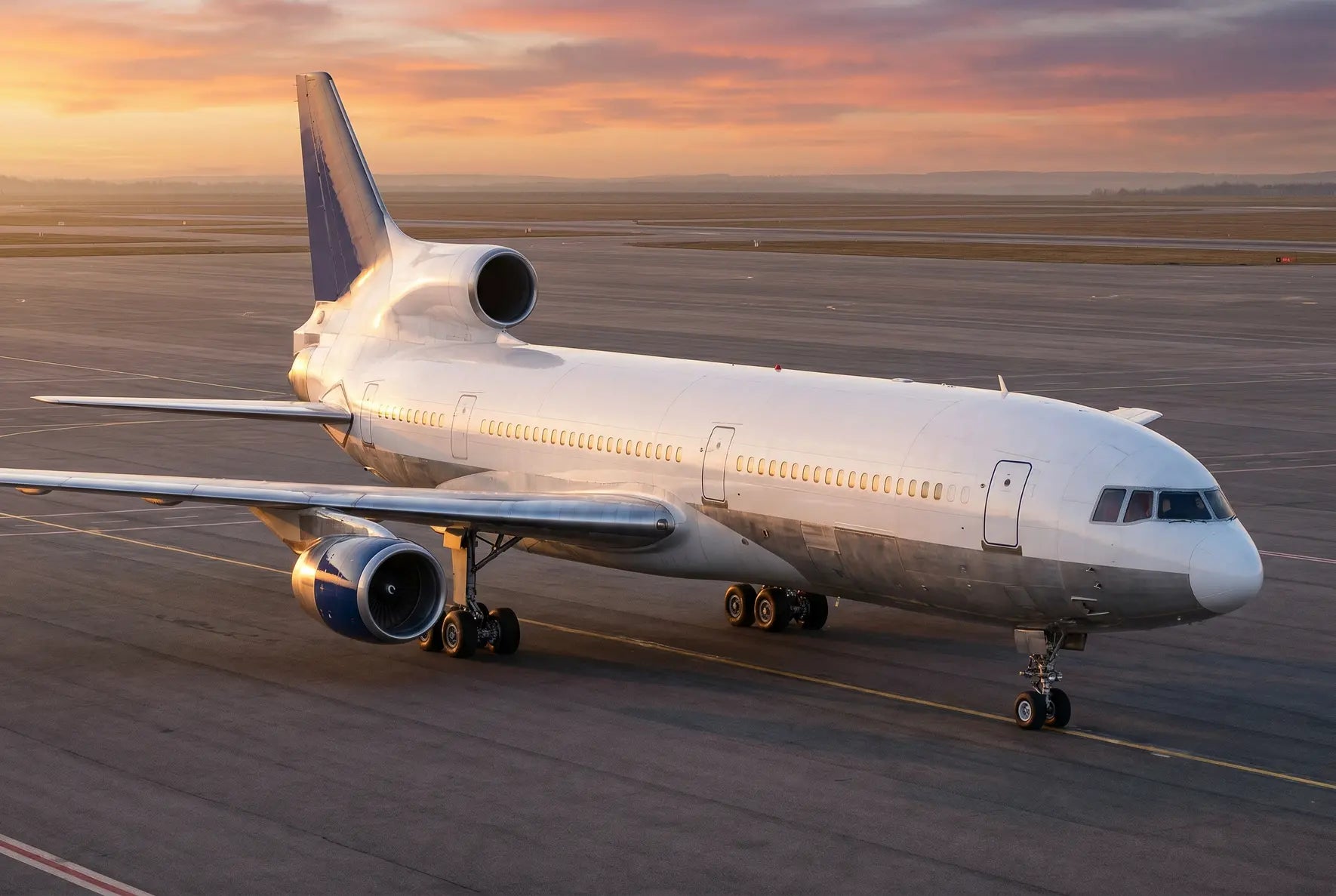 A Lockheed L-1011-100 aircraft parked on the tarmac at sunset, showcasing its distinctive tri-engine design and sleek fuselage design.