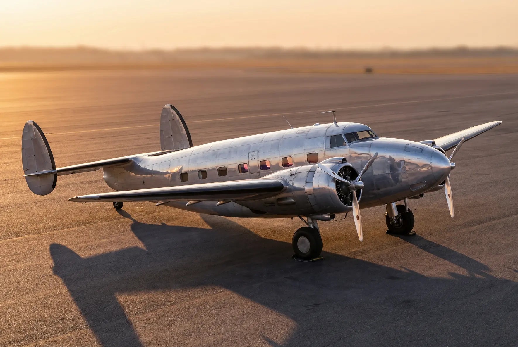 Lockheed Model 18 Lodestar aircraft on a sunlit tarmac, showcasing its polished fuselage and twin radial engines with propellers.