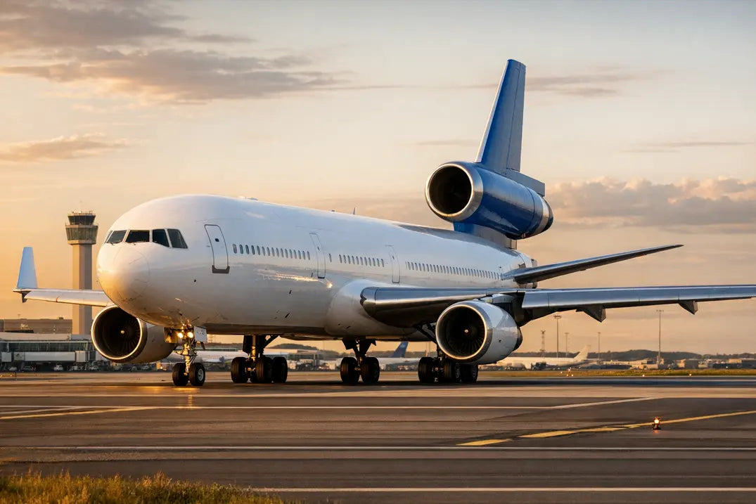 A McDonnell Douglas MD-11 aircraft taxiing on the runway at sunset with an airport control tower and terminal in the background.