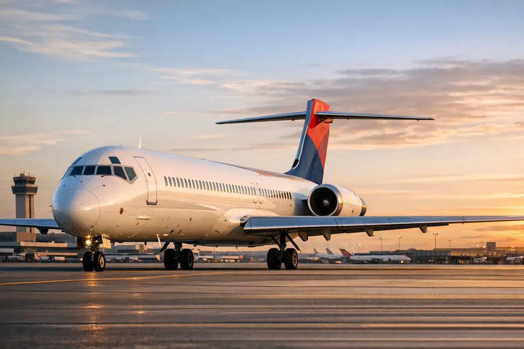 Delta Air Lines McDonnell Douglas MD-88 aircraft on the tarmac during sunset with an airport control tower in the background.