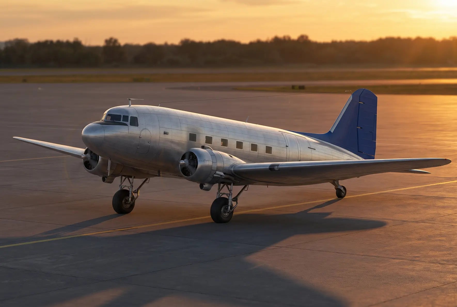 A vintage Martin 2-0-2 aircraft parked on an airport tarmac at sunset, showcasing its metallic fuselage and twin propellers.