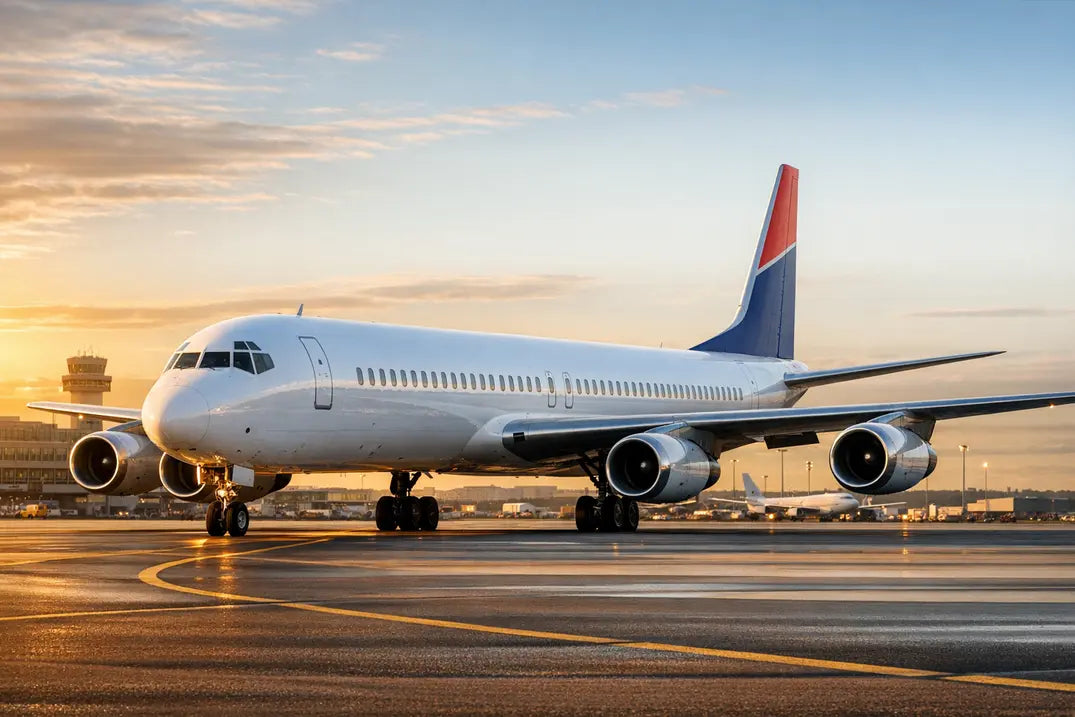 McDonnell Douglas DC-8-61 jet airliner on airport tarmac at sunrise, with control tower and terminal buildings in the background.