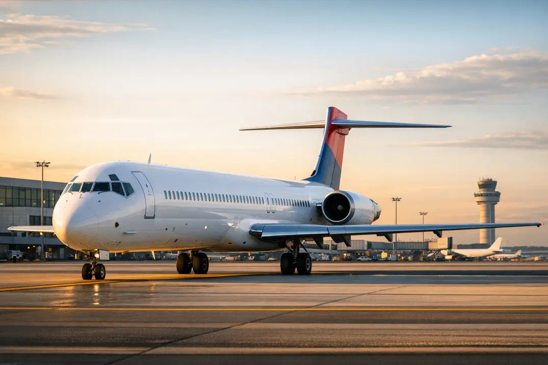 McDonnell Douglas MD-90-30 aircraft parked on airport tarmac at sunset with control tower in background.