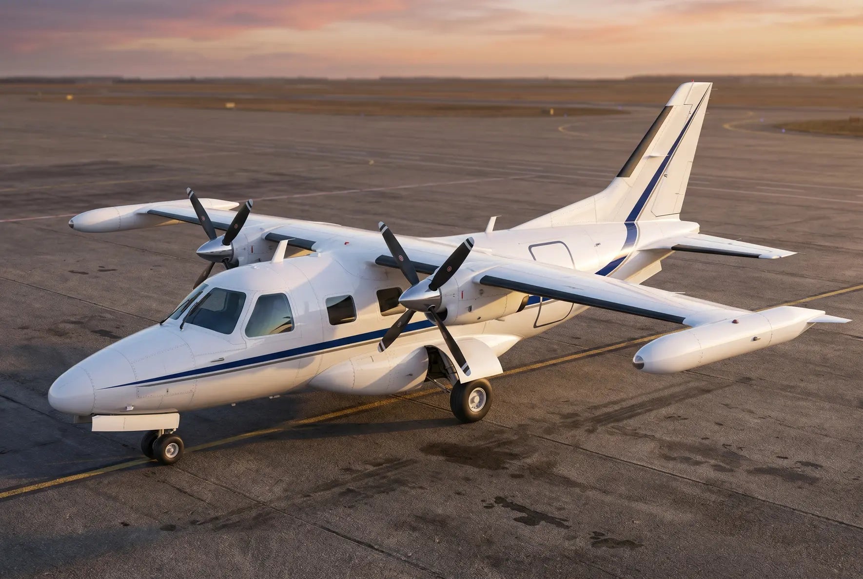 A white Mitsubishi MU-2 twin-engine turboprop aircraft parked on an airport tarmac at sunset, viewed from above with a clear sky in the background.