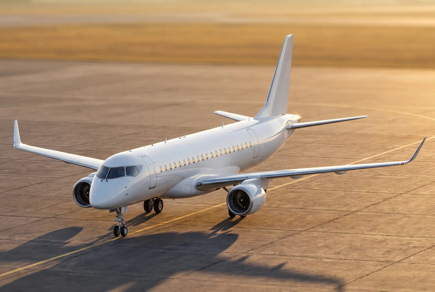 Mitsubishi SpaceJet M100 on a runway at sunset, featuring sleek white fuselage, two engines, and visible landing gear, set on an empty tarmac.
