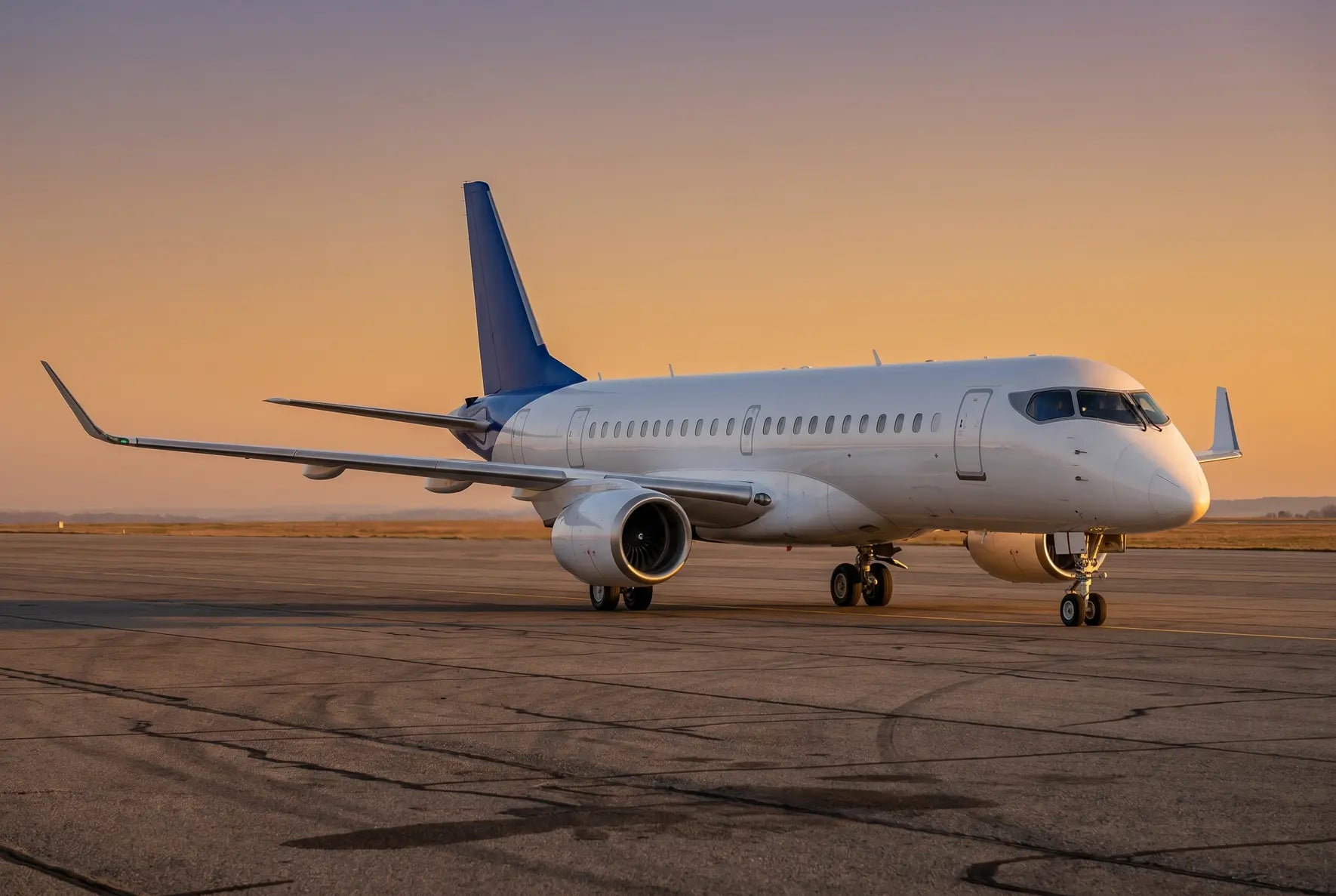 A Mitsubishi SpaceJet M90 aircraft parked on a runway at sunset, with a blue tail and white fuselage, showcasing modern jet design.