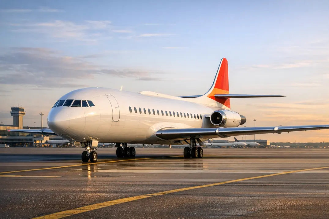Sud Aviation Caravelle III jet airliner on an airport tarmac at sunset, with control tower and terminal buildings in the background.