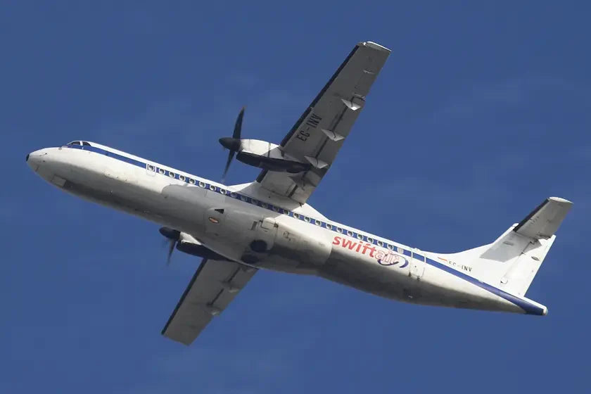 Swiftair ATR 72 aircraft with registration EC-INV flying in clear blue sky.