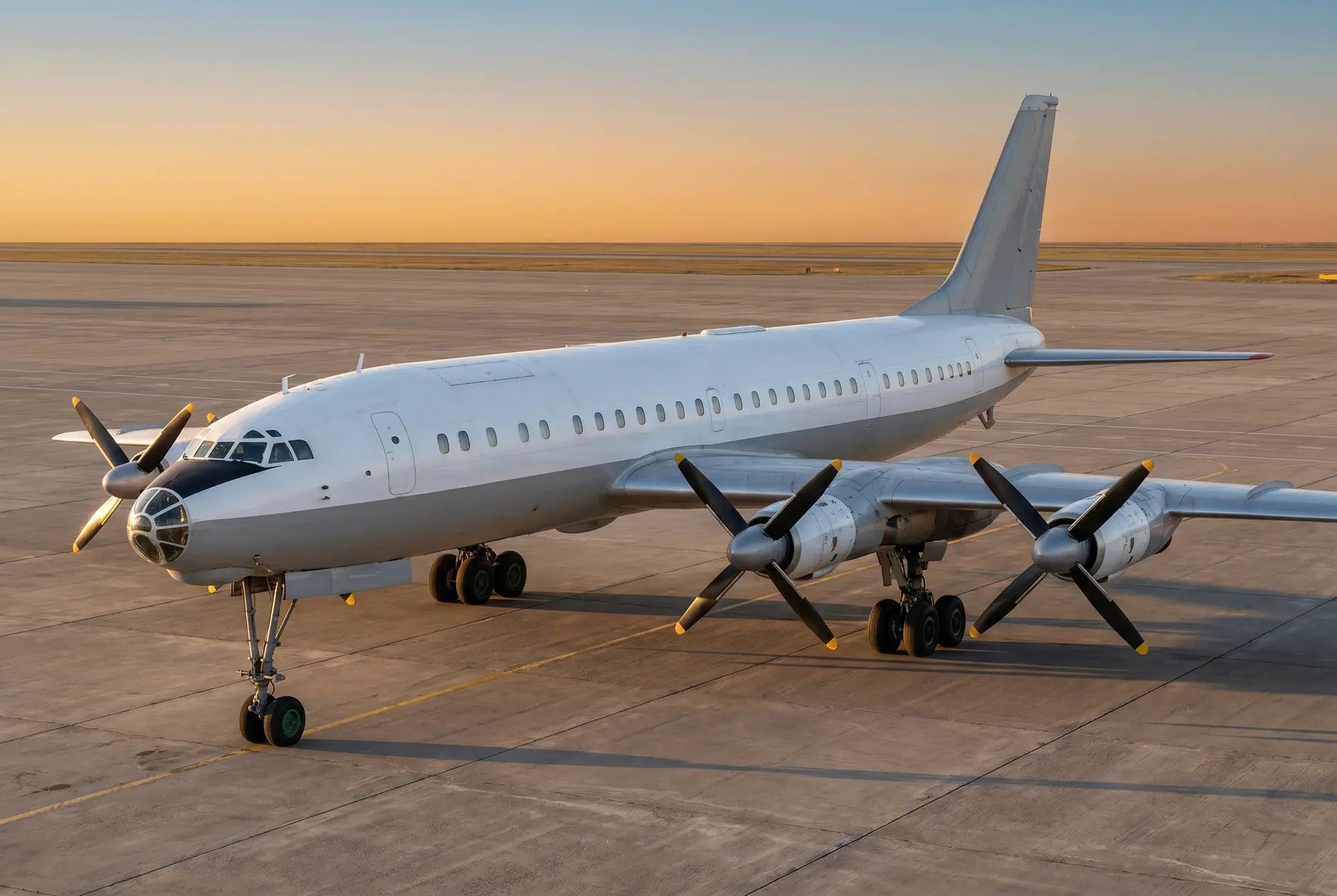 A Tupolev Tu-114 aircraft on an airport tarmac at sunset with visible propellers and landing gear, highlighting the plane's engineering design.