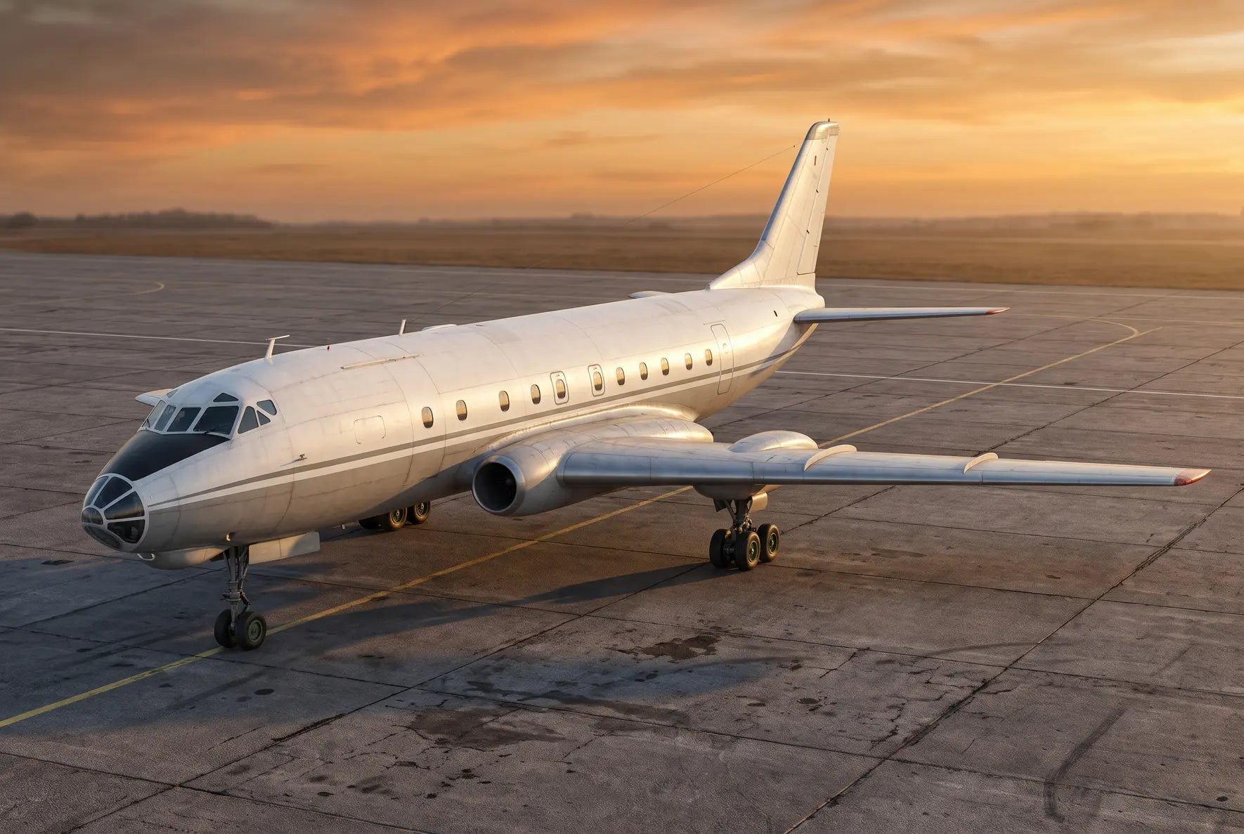 A Tupolev Tu-124 jet aircraft parked on an airport tarmac at sunset, highlighting its sleek design and twin-engine configuration.