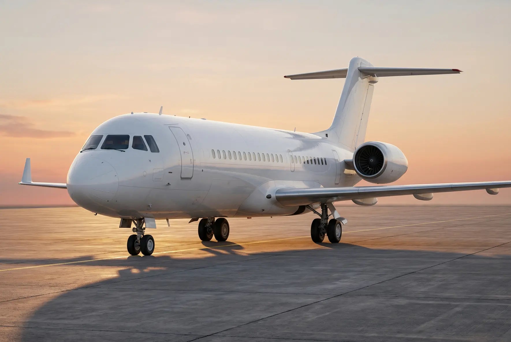 A Tupolev Tu-334 passenger jet parked on the tarmac at sunset with a clear sky in the background.