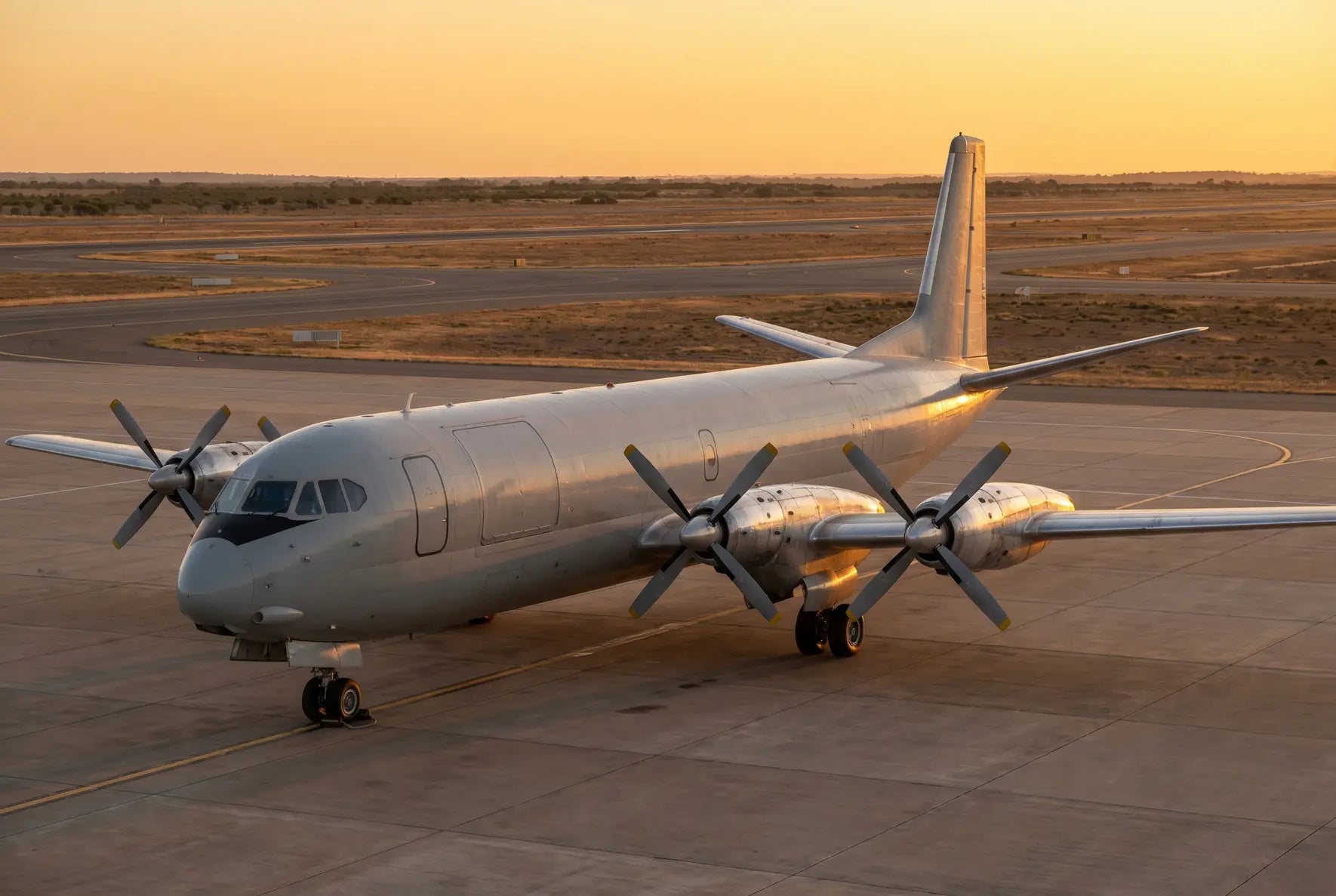 A Vickers Vanguard aircraft parked on an airport tarmac at sunset, showcasing its four-engine propeller design against a clear sky.