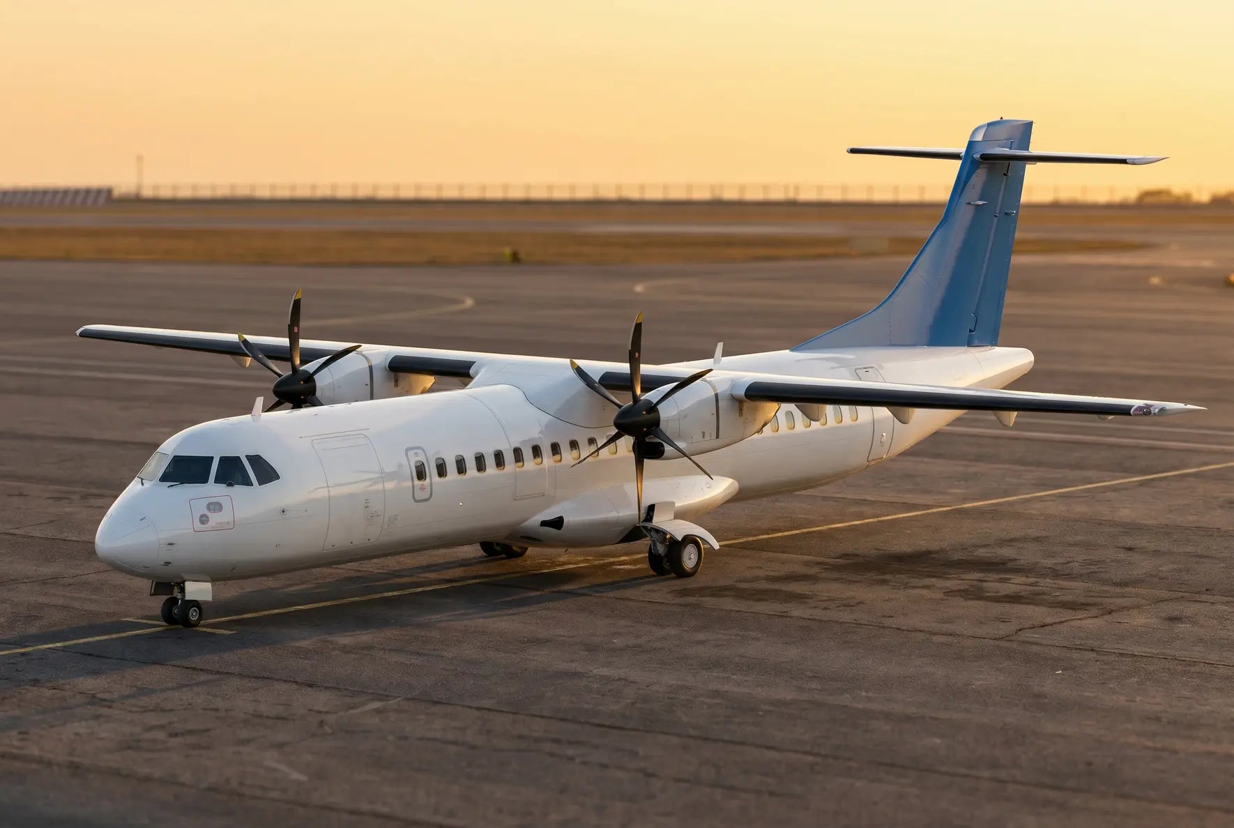 A Xian MA700 turboprop aircraft parked on an airport tarmac during sunset, highlighting its propellers and sleek design.