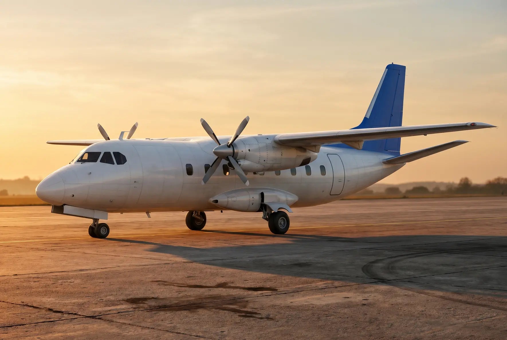 Aérospatiale N 262 aircraft parked on a runway at sunset, featuring twin turboprop engines and a white fuselage with a blue tail fin.