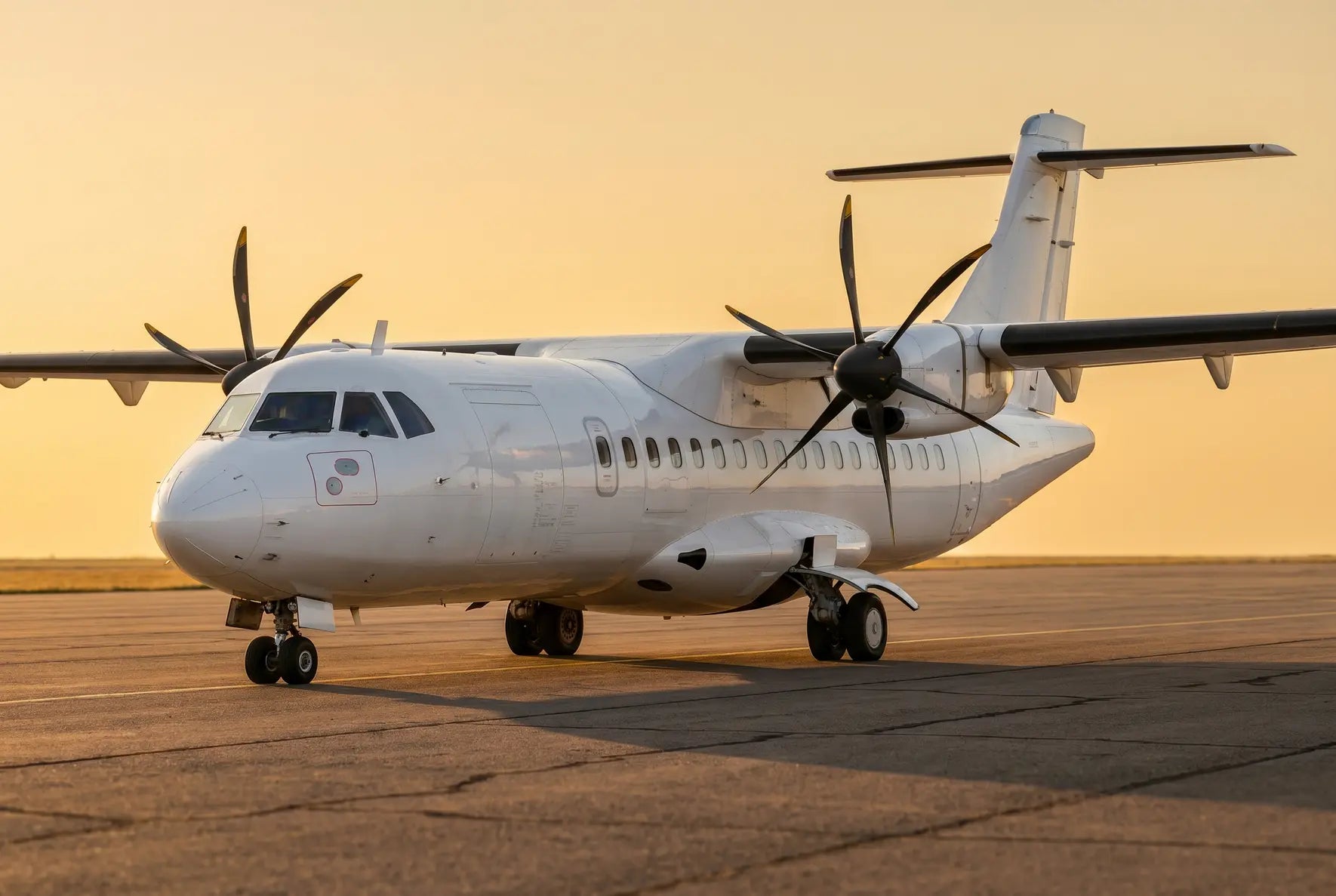 ATR 42-200 aircraft on a runway at sunset with propellers and landing gear visible.