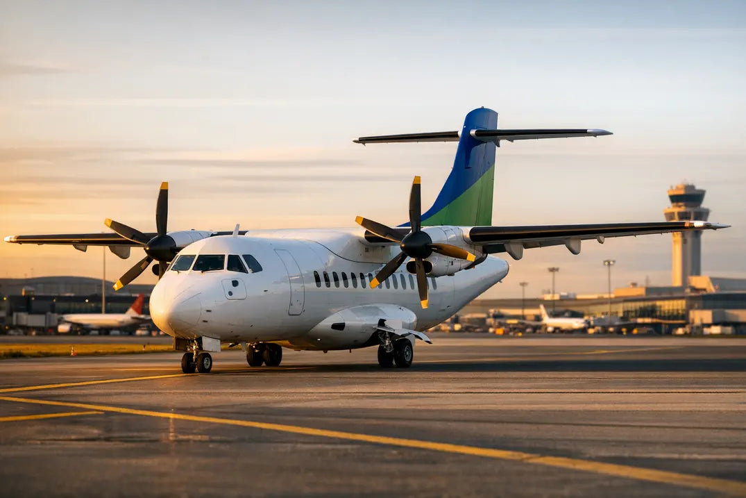ATR 42-300 turboprop aircraft on airport taxiway during sunrise, with control tower in the background and other planes in the distance.