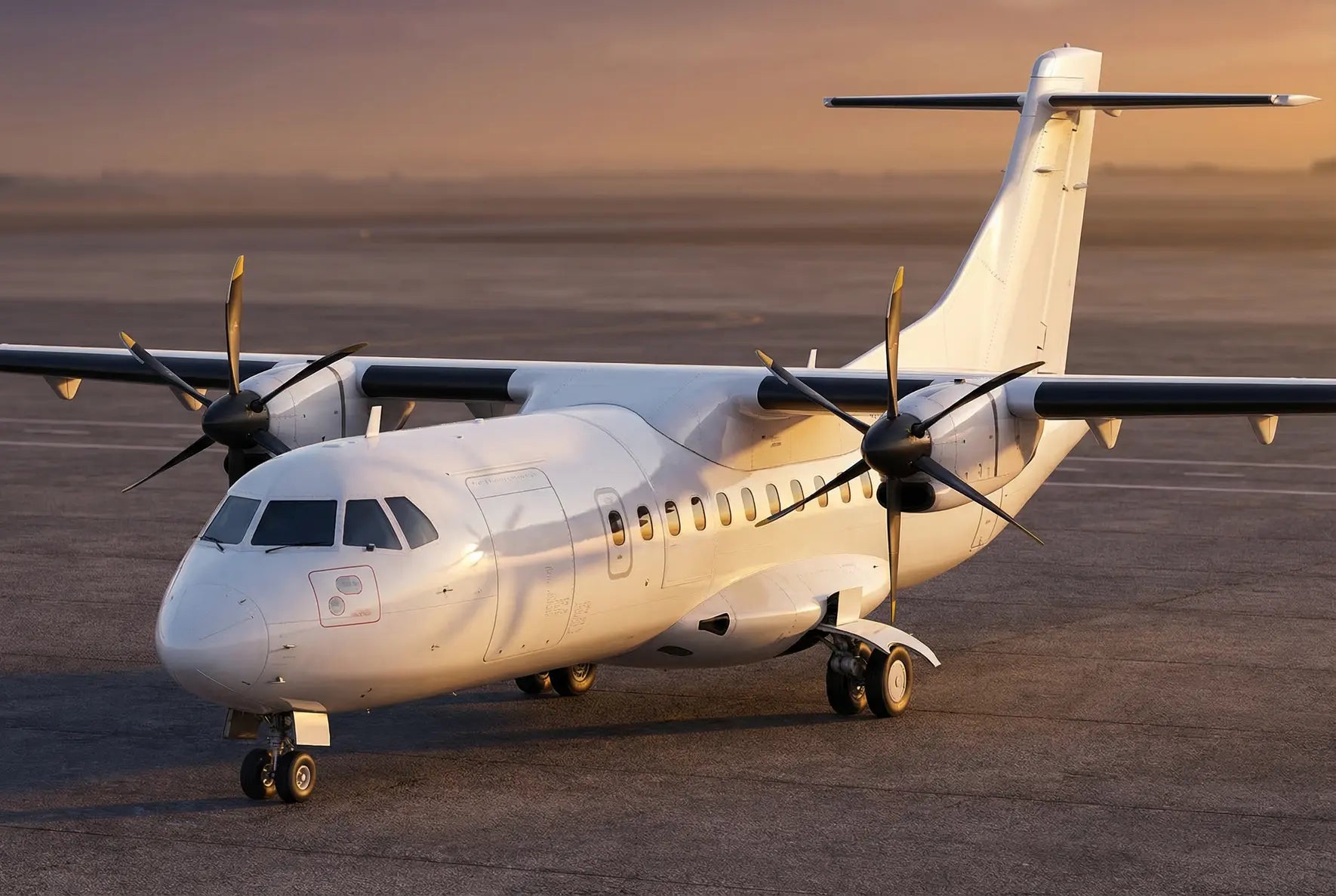 ATR 42-600 aircraft parked on a runway at sunset, showing twin propellers and sleek white fuselage, with a view of the horizon in the background.