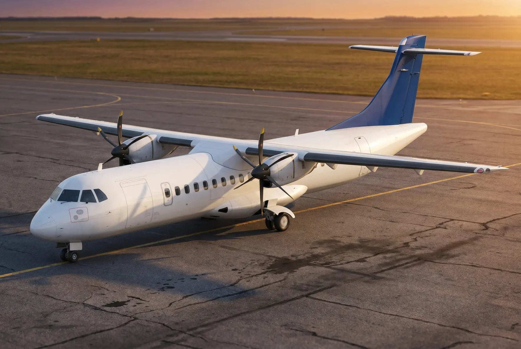 ATR 72-500 airplane parked on airport tarmac under clear sky at sunset, with propellers and landing gear visible.