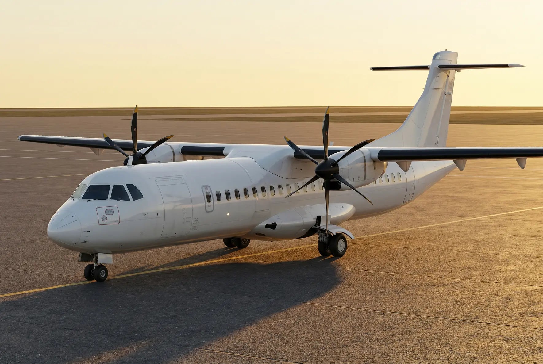 ATR 72-600 airplane on a tarmac at sunset, highlighting its twin-engine turboprop design and sleek white fuselage.