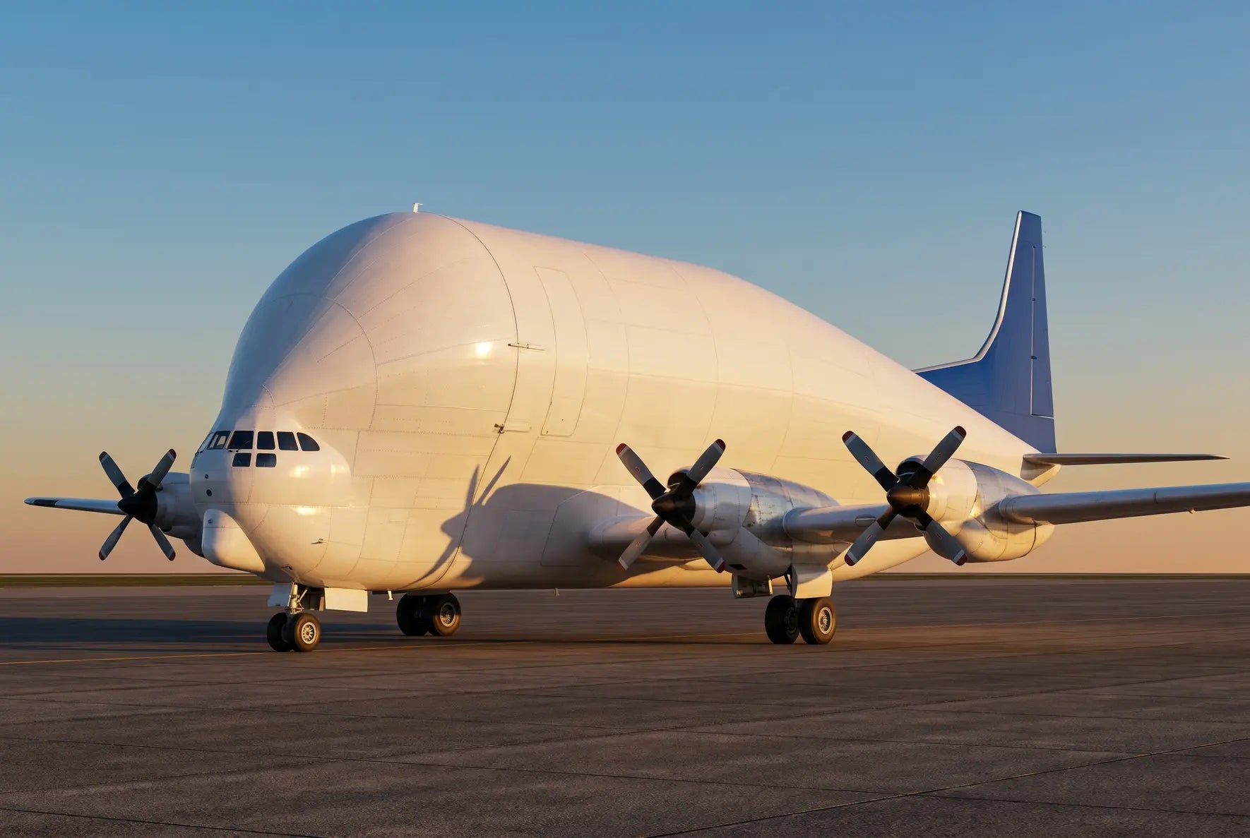 Aero Spacelines Super Guppy aircraft on the runway at sunset, showcasing its distinctive oversized cargo hold and four propeller engines.
