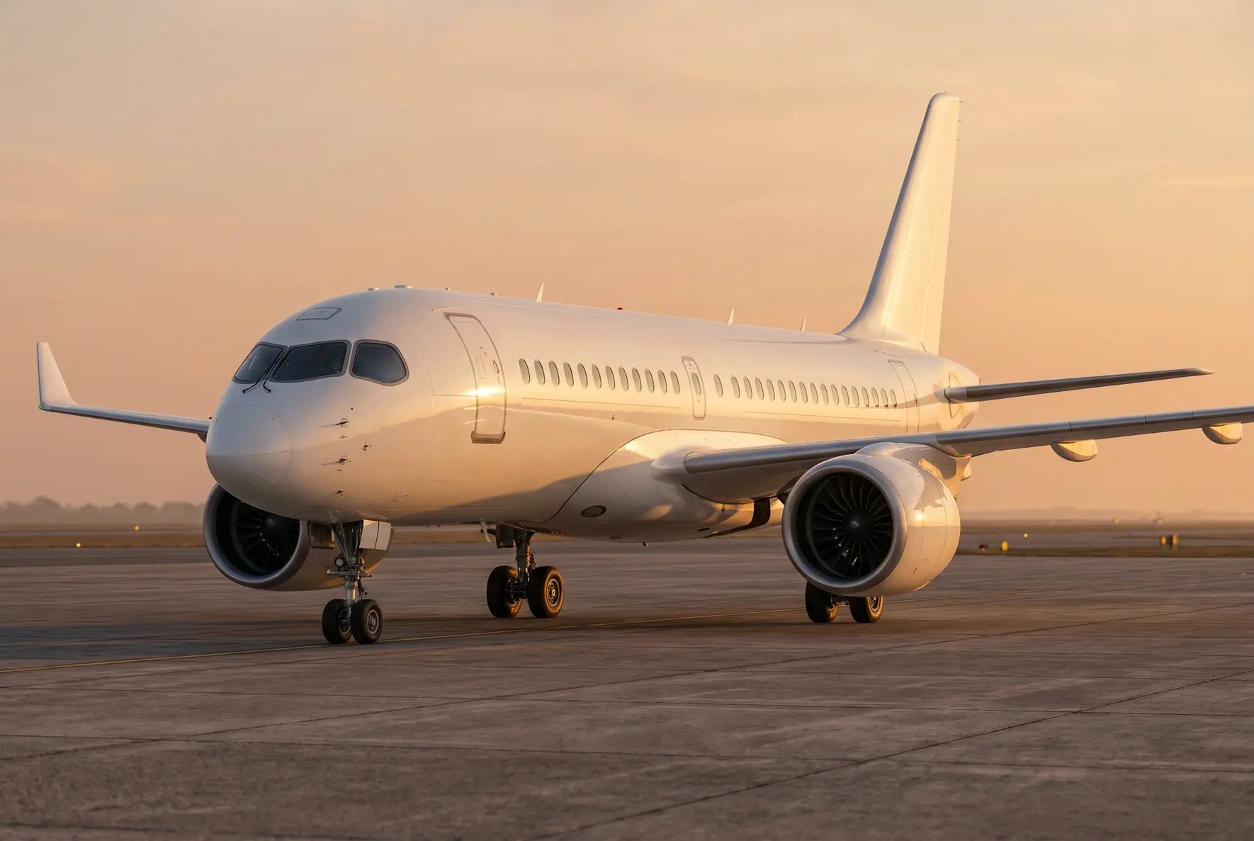 Airbus A220-100 aircraft parked on an airport tarmac during sunrise, showcasing its sleek design and engine details.
