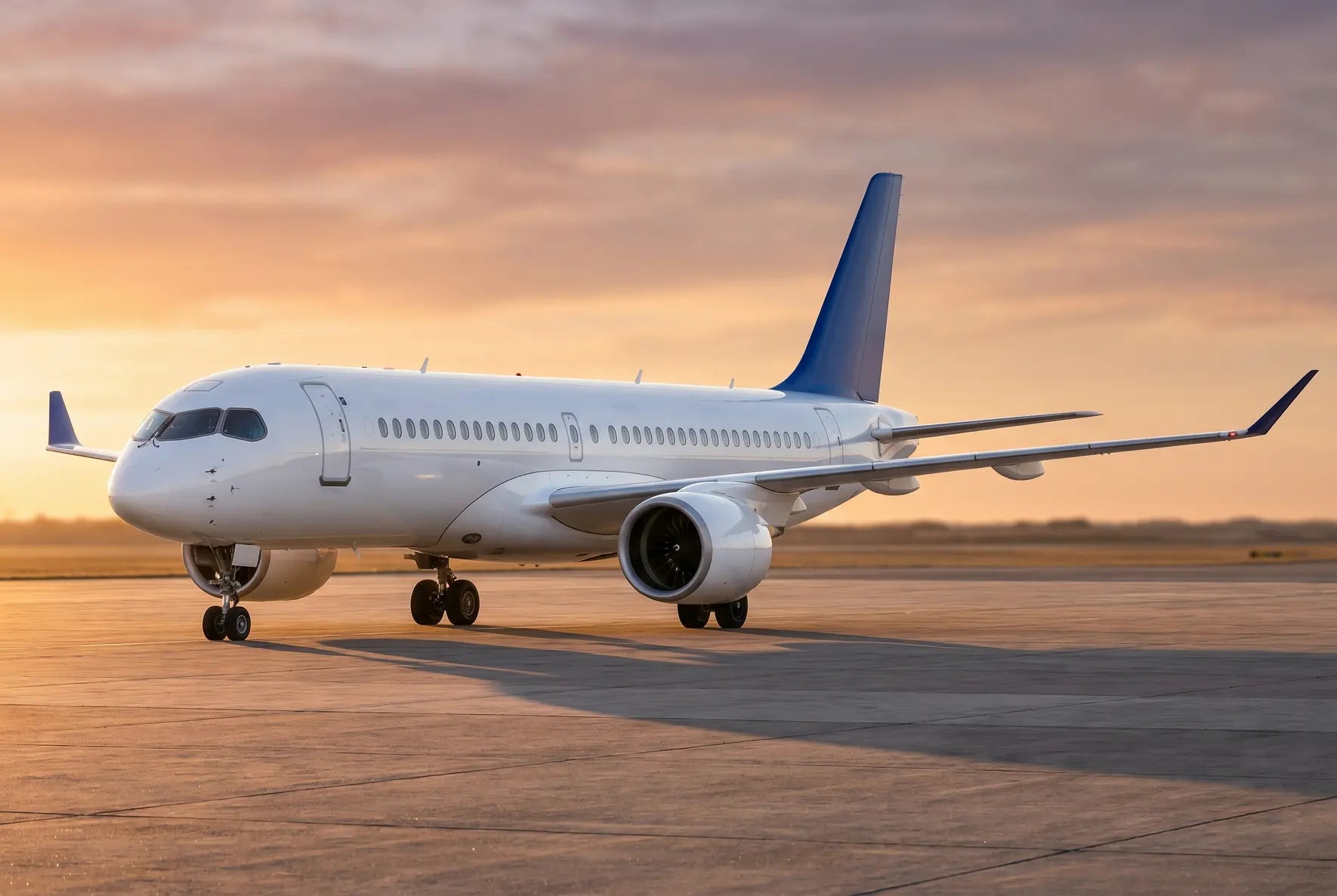 Airbus A220-300 airplane parked on a tarmac at sunset with a clear sky background, showcasing its sleek profile and design features.