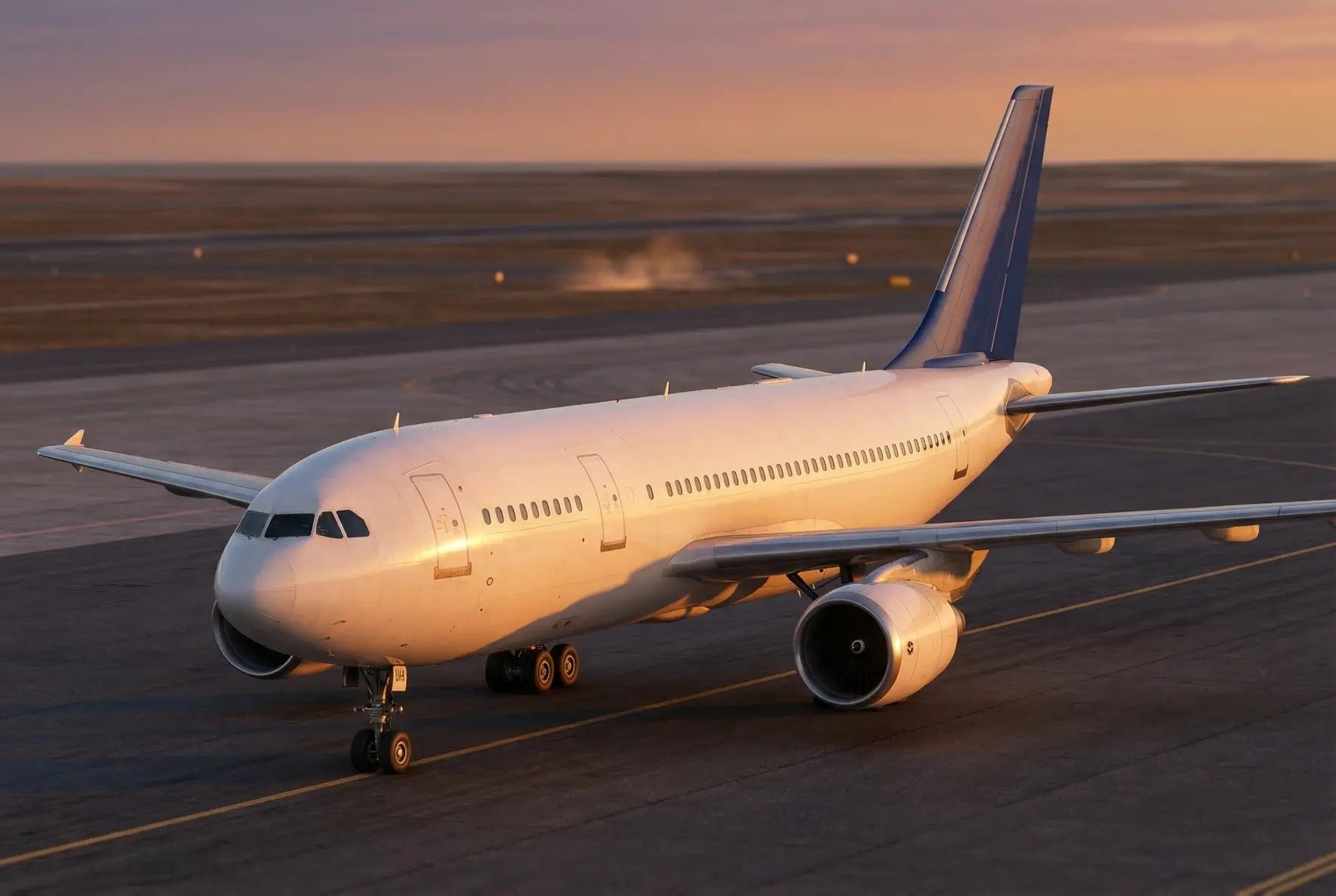 An Airbus A300B1 aircraft taxiing on a runway at sunset, with a clear view of its fuselage and engines.