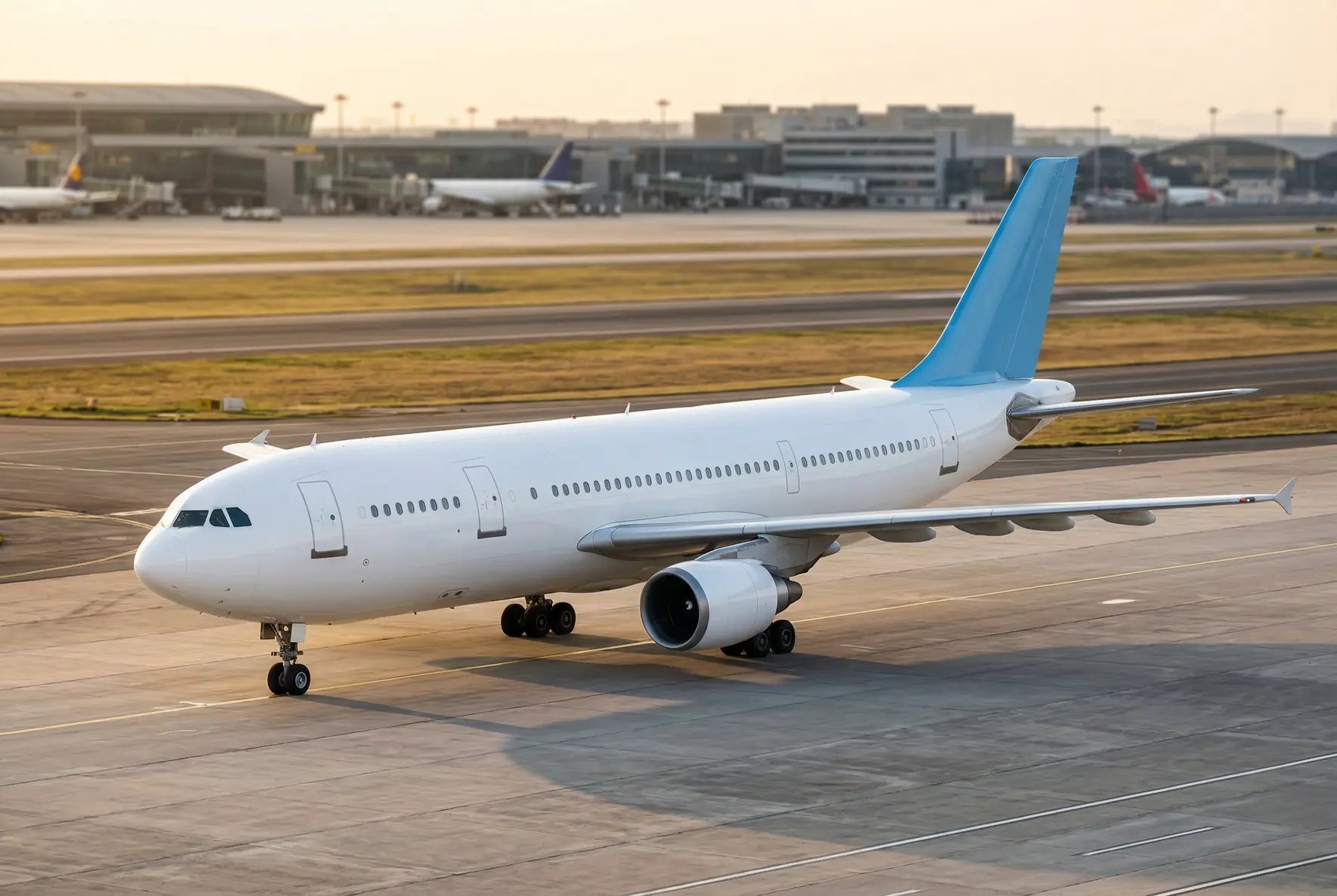 An Airbus A300B2 taxiing on a runway at an airport, with terminal buildings in the background during sunset.