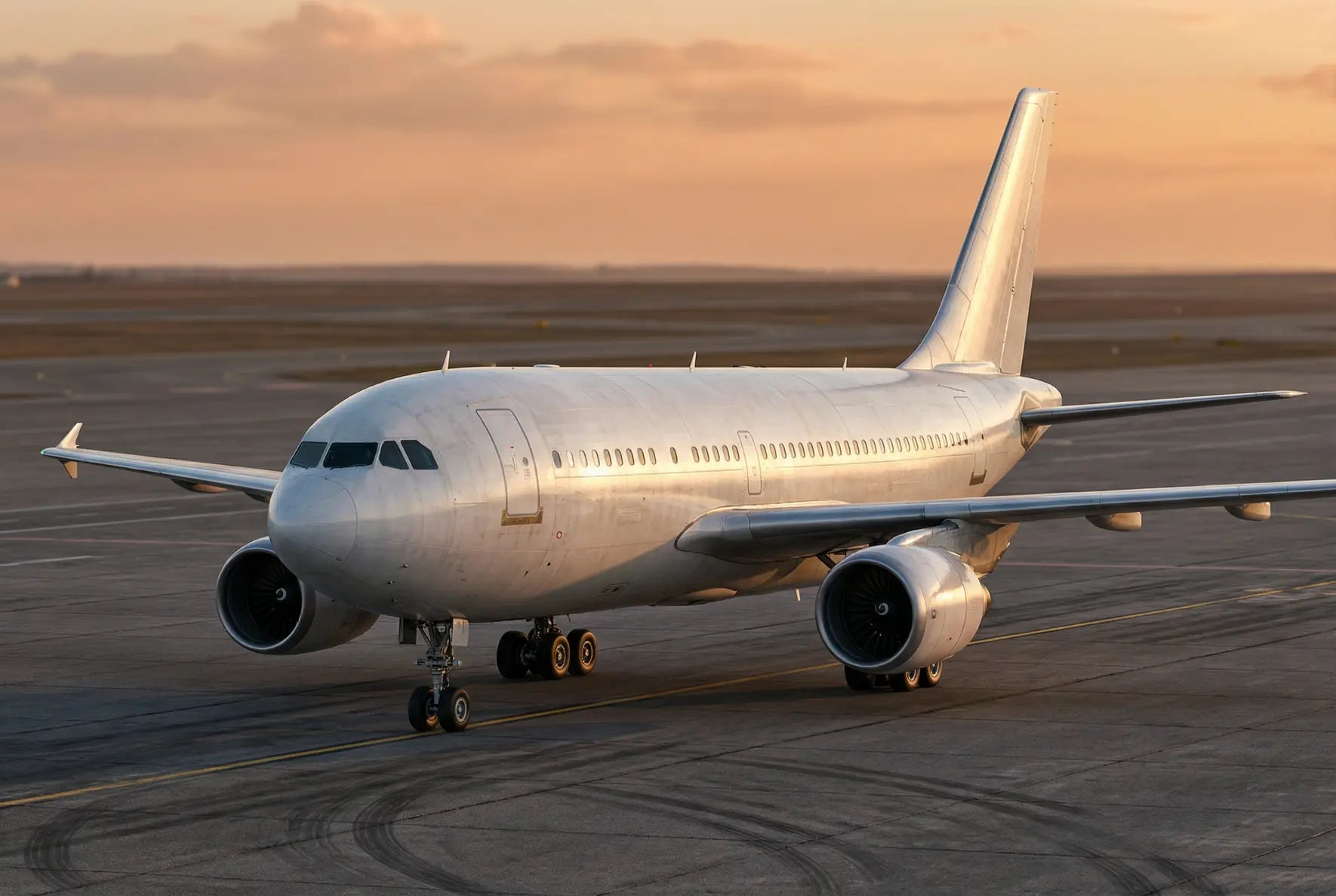 Airbus A310-300 aircraft taxiing on an airport runway at sunset.