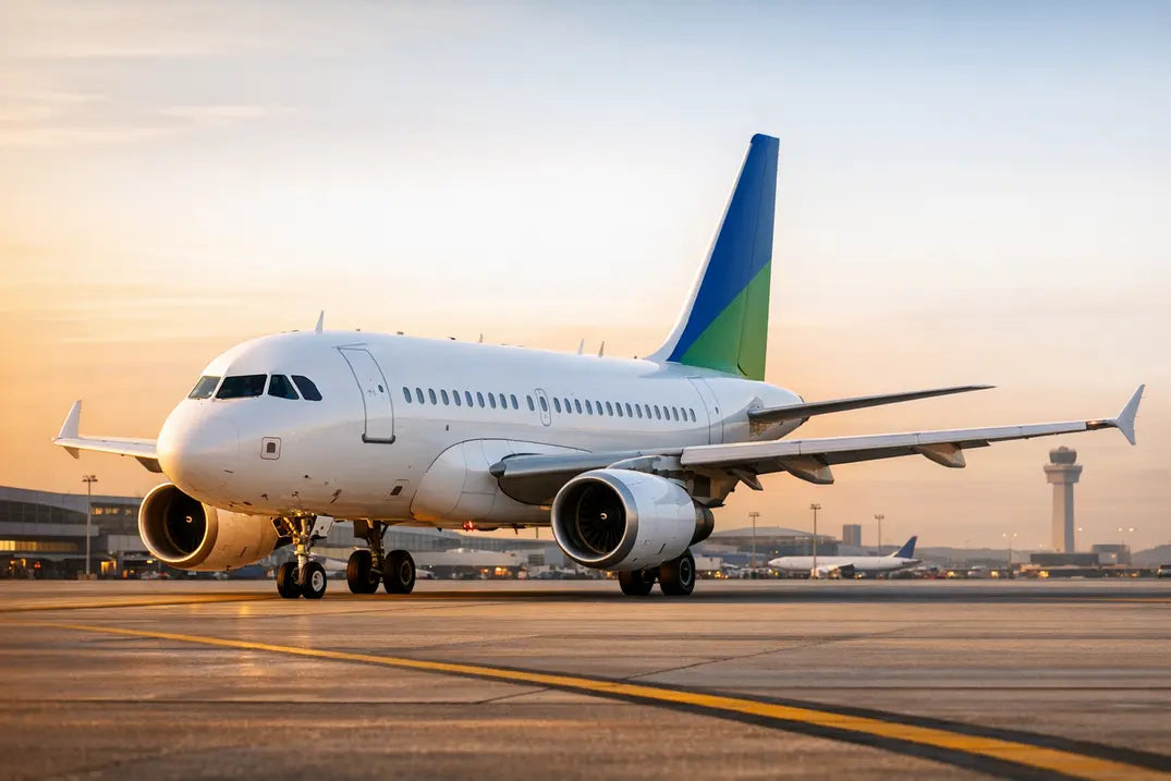 An Airbus A318-100 aircraft on the tarmac at an airport during sunset, with a control tower and terminal buildings in the background.