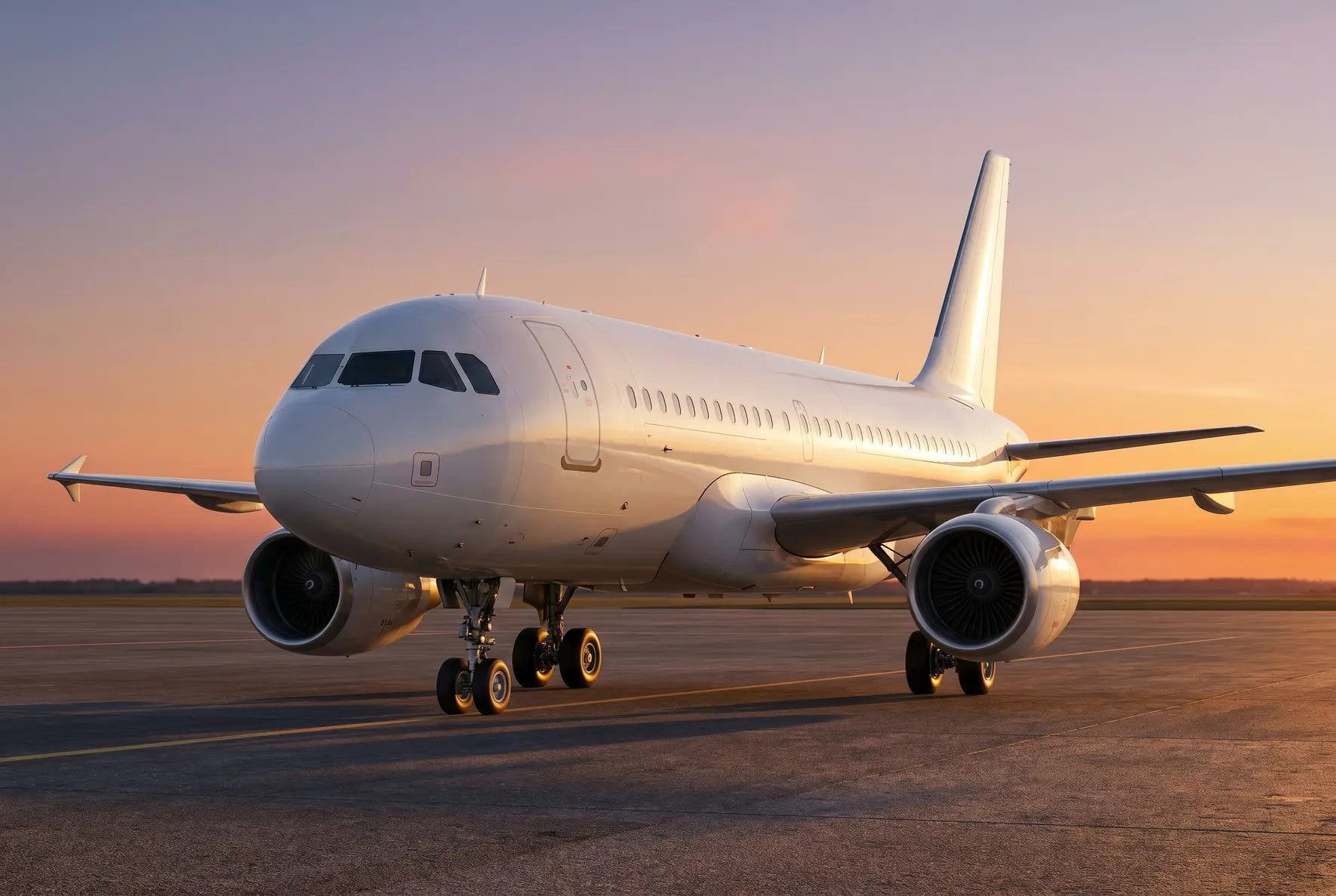 A white Airbus A319CJ jet on the tarmac at sunset, with glowing orange and pink skies in the background, showcasing its sleek design and turbines.