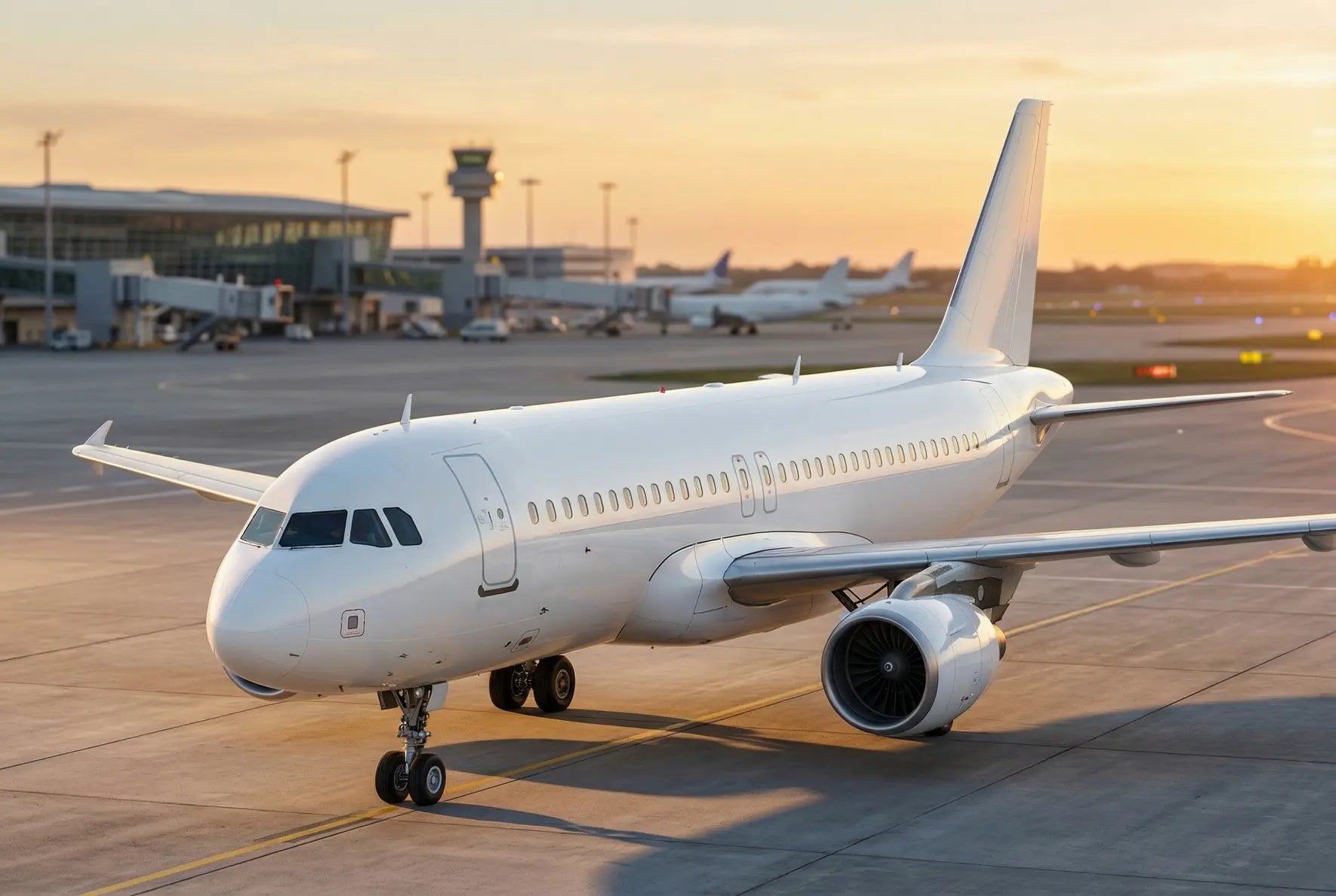 Airbus A320-200 aircraft on a tarmac during sunset at an airport, with terminal and control tower in the background.